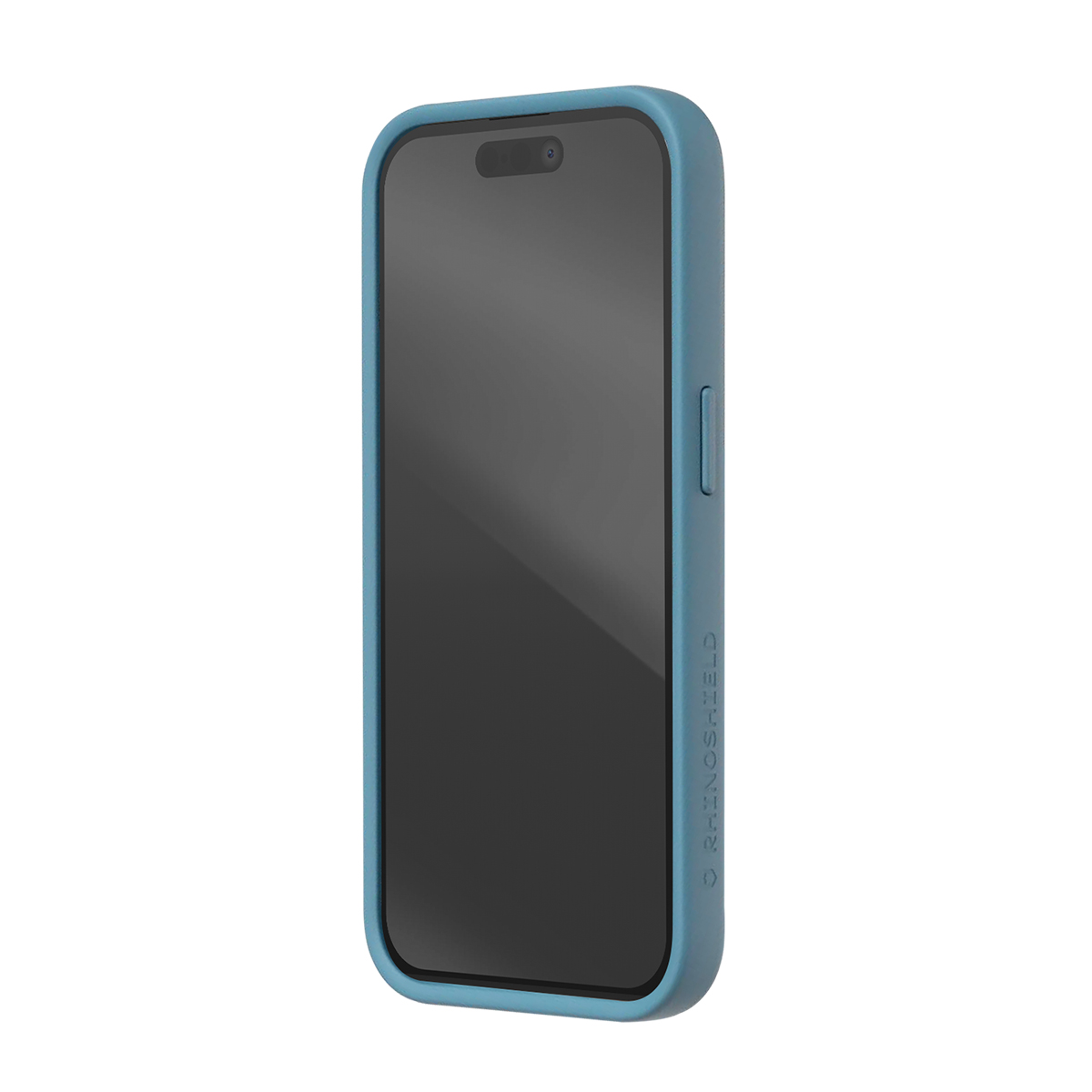 Un iPhone blu con custodia RhinoShield, testurizzato sul lato destro.