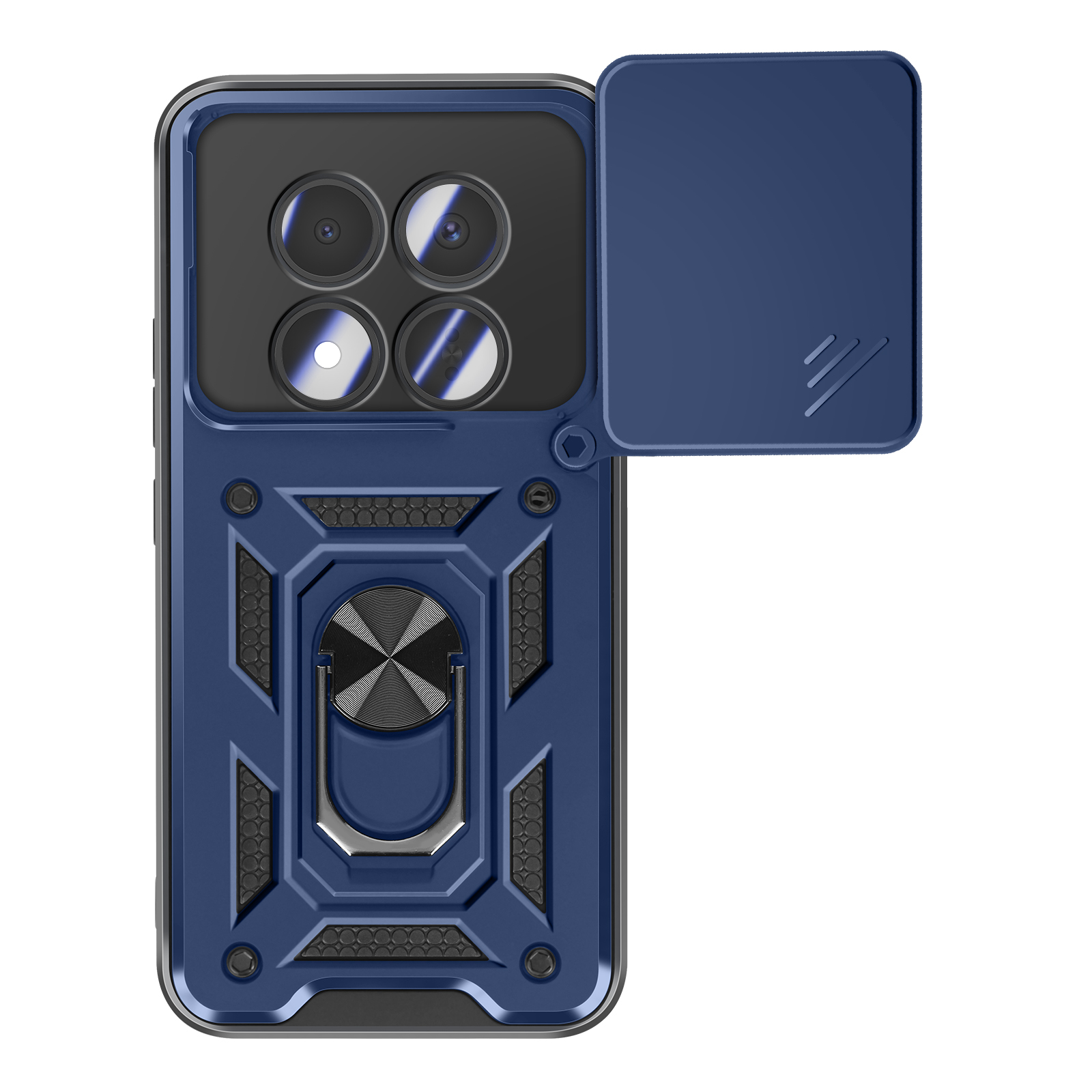 Coque de téléphone bleu foncé avec quatre caméras, support bague et cache coulissant.