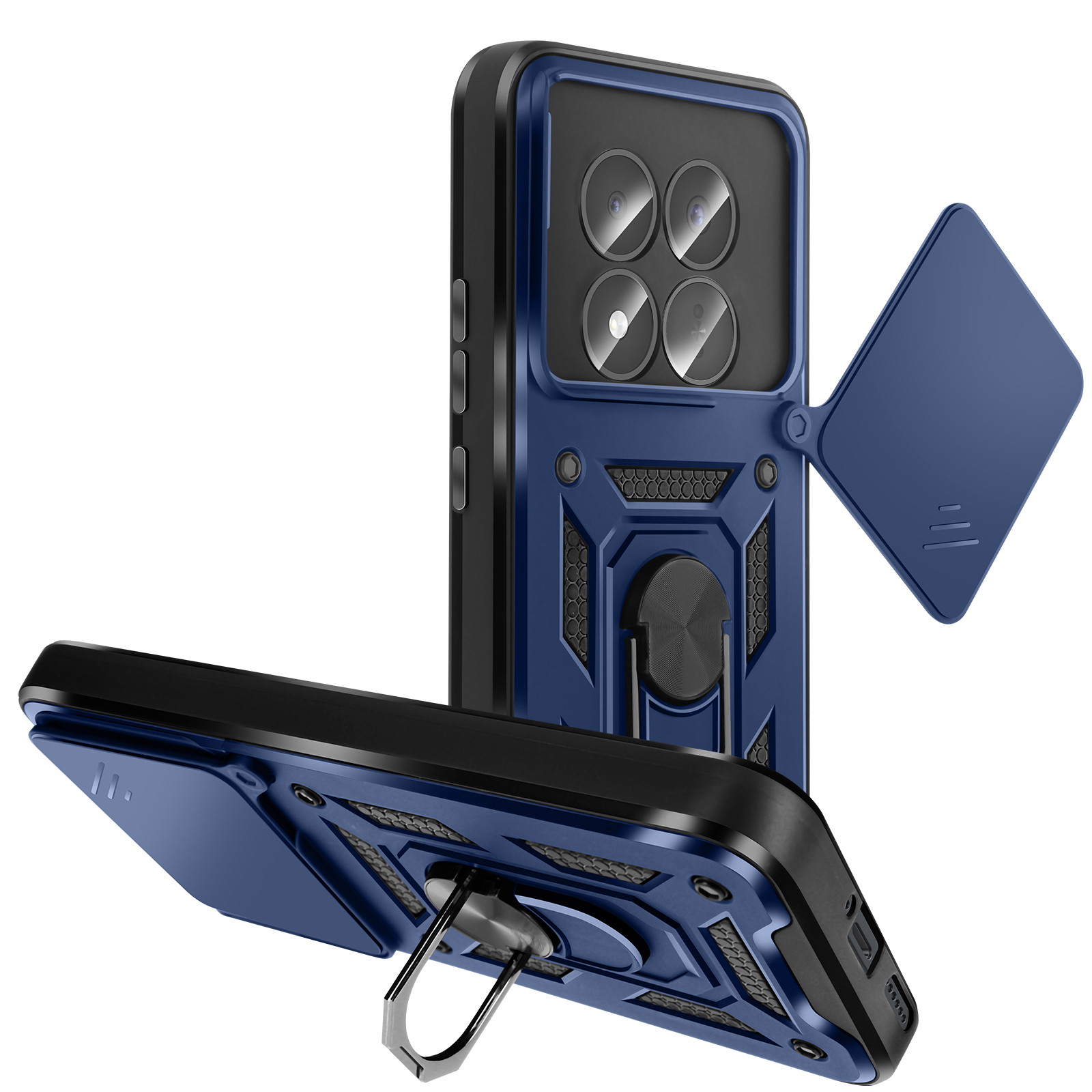 Coque de téléphone bleue avec quatre caméras, un rabat et un support anneau.