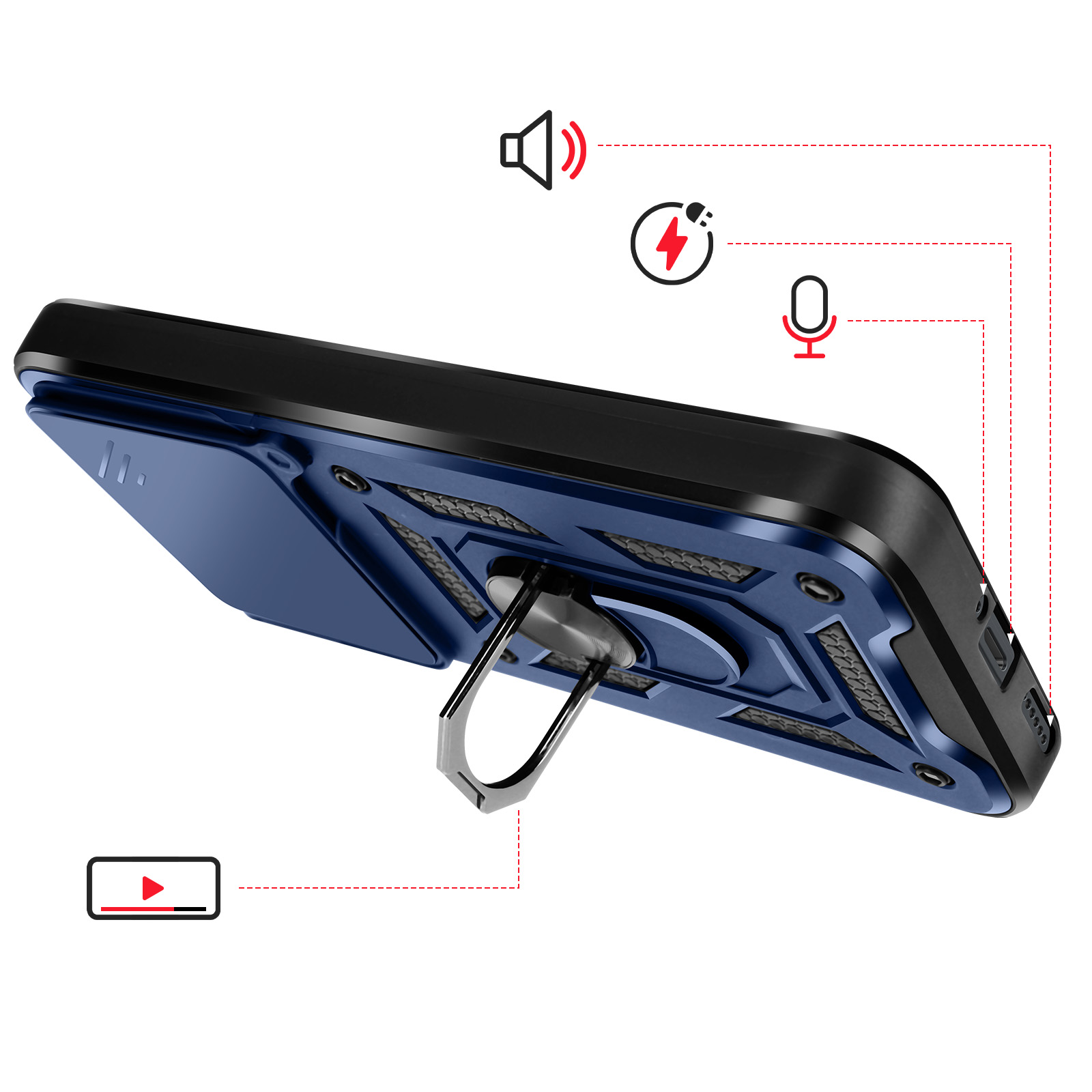 Une coque de téléphone bleue avec bordure noire, support bague et icônes.