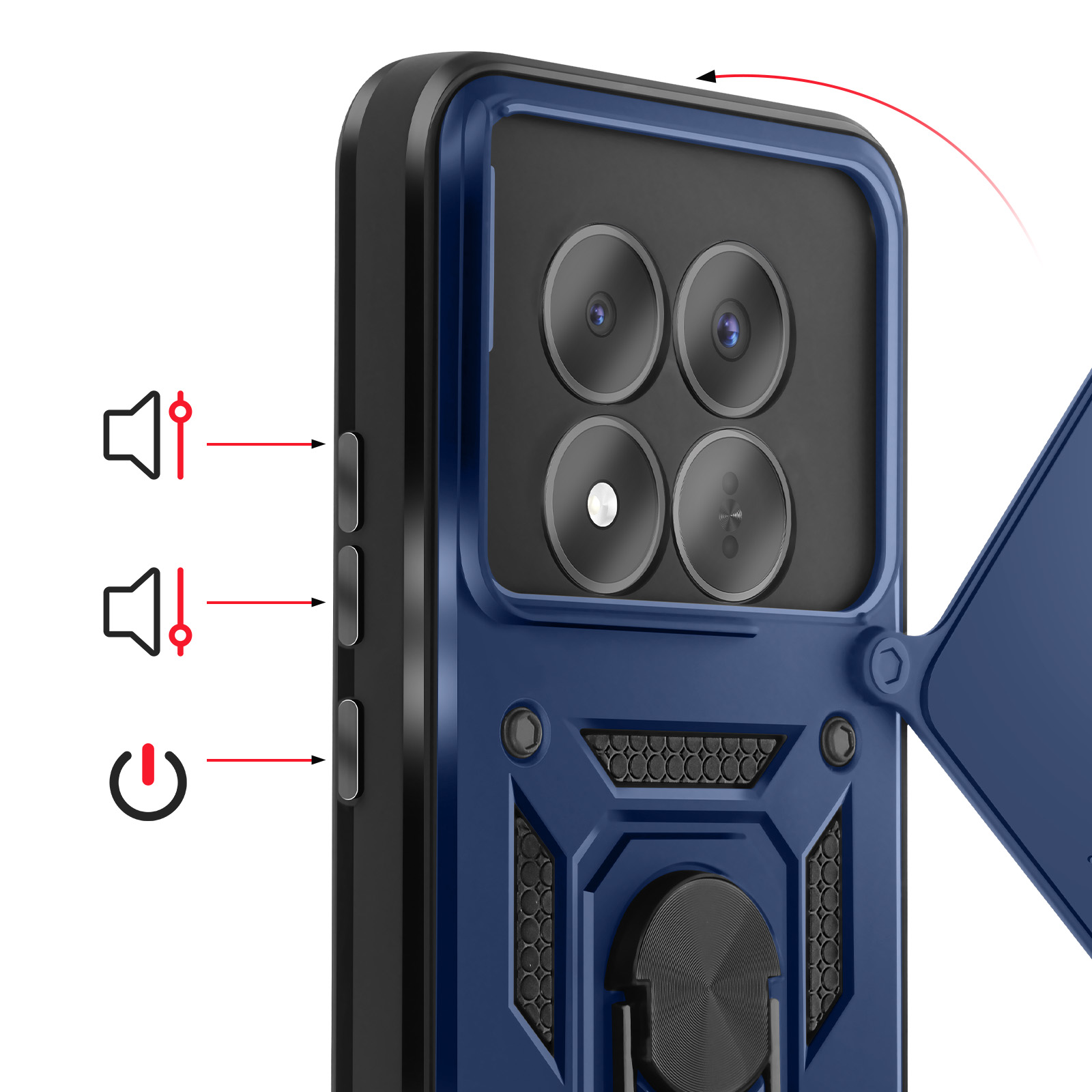 Coque de téléphone bleu foncé avec caméras, boutons et support.