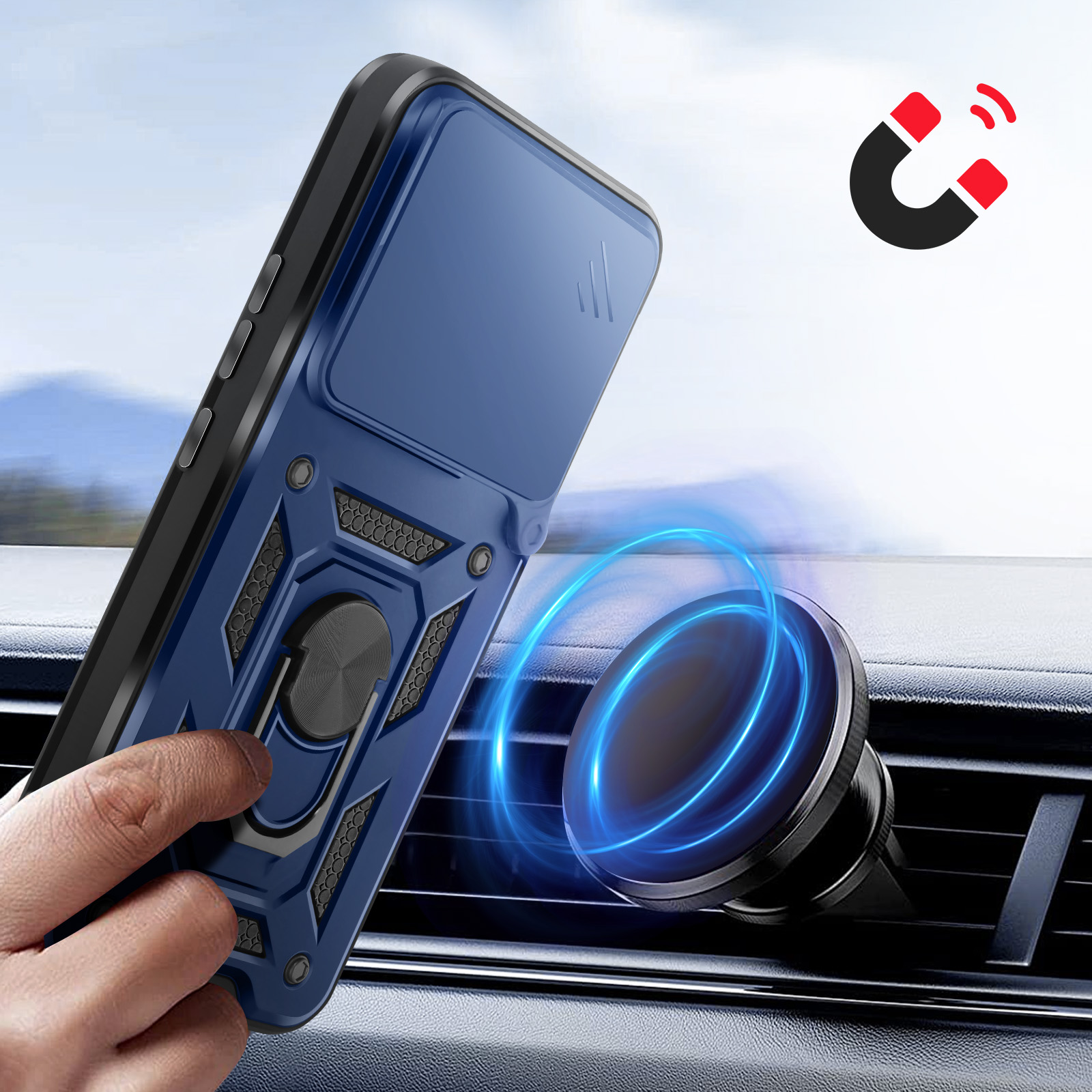 Une main tient une coque de téléphone bleue avec support anneau près d'une aération de voiture.