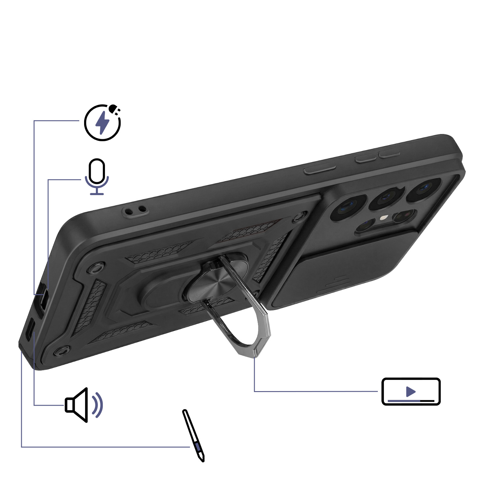 Cover nera per telefono con anello, copri-fotocamera e icone di carica, microfono, altoparlante.
