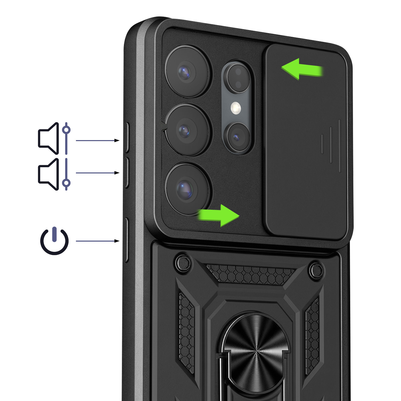 Cover nera per telefono con fotocamere, cursore, icone volume e accensione.