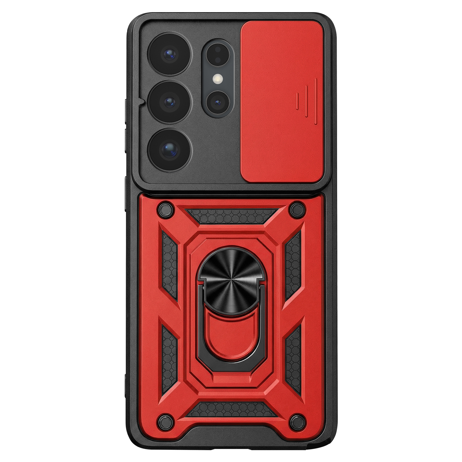 Custodia rossa per telefono con anello portaoggetti e copri fotocamera.
