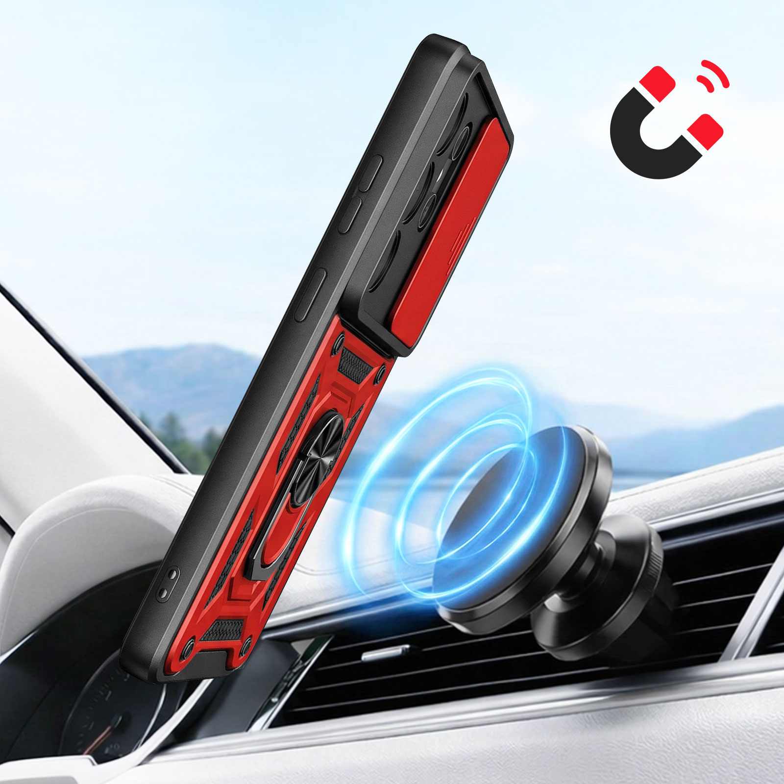 Custodia rossa per telefono con supporto magnetico per auto ed effetto aspirazione.
