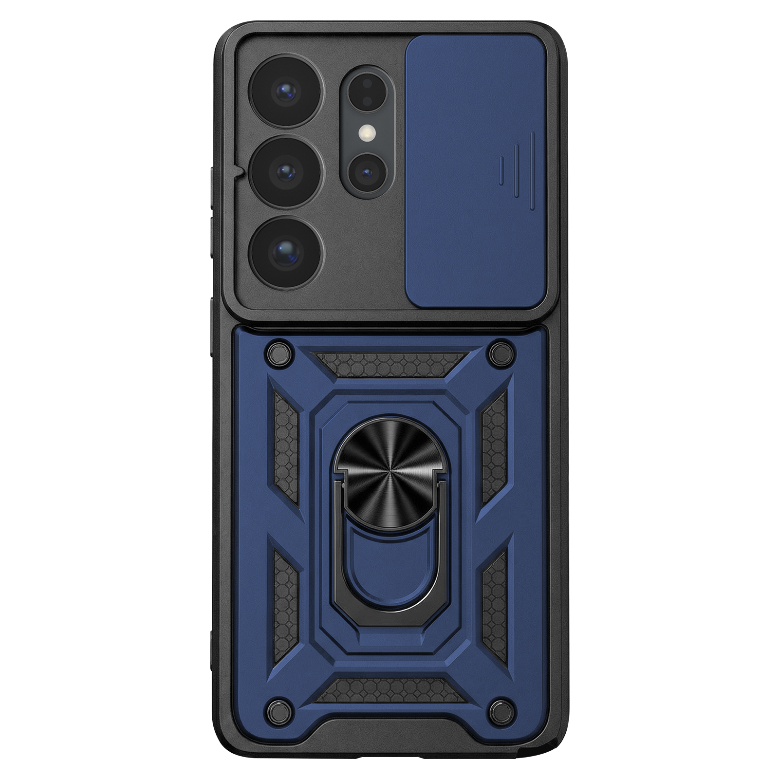 Custodia blu per telefono con copri-fotocamera, anello portaoggetti e dettagli.