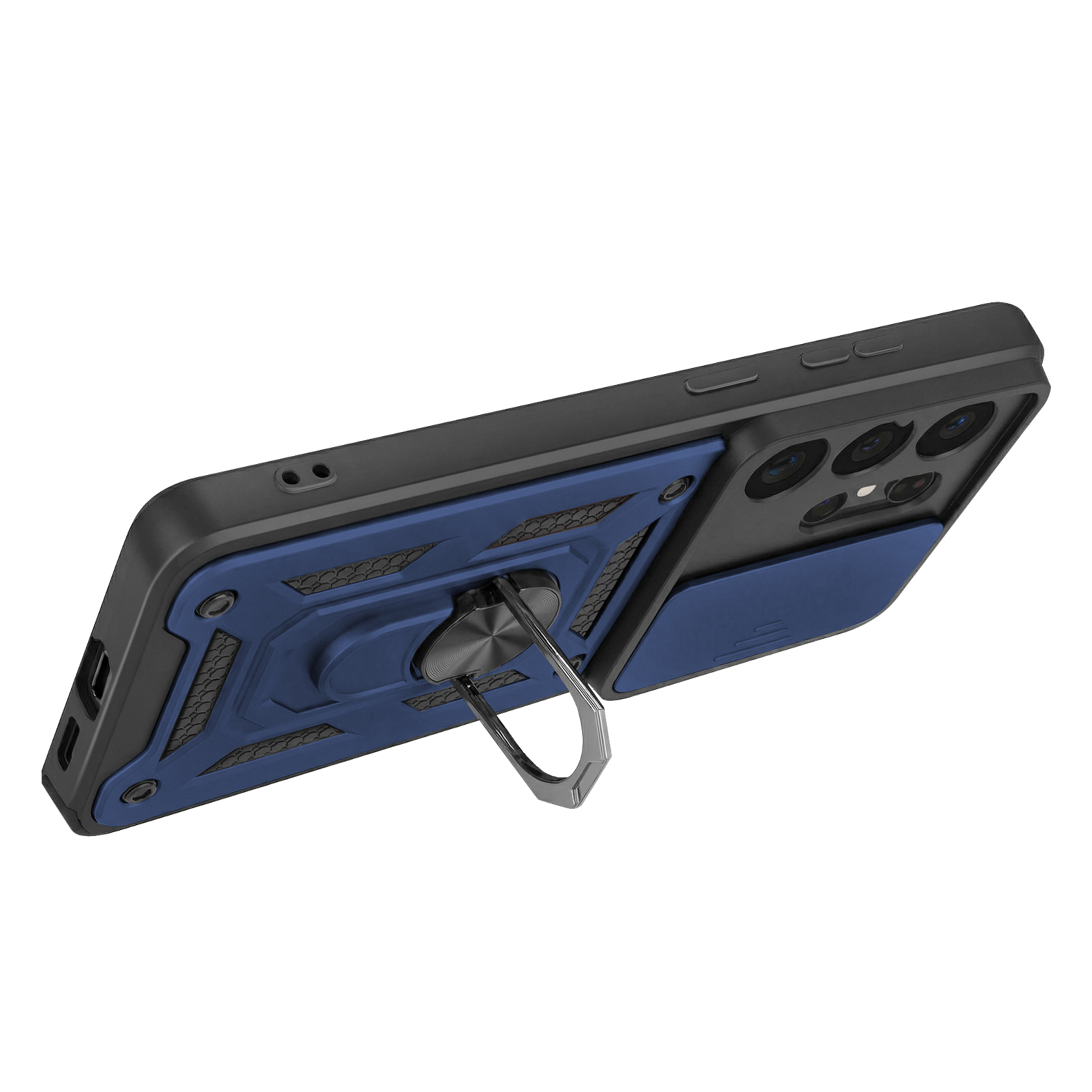 Custodia nera per smartphone con inserto blu e anello porta.