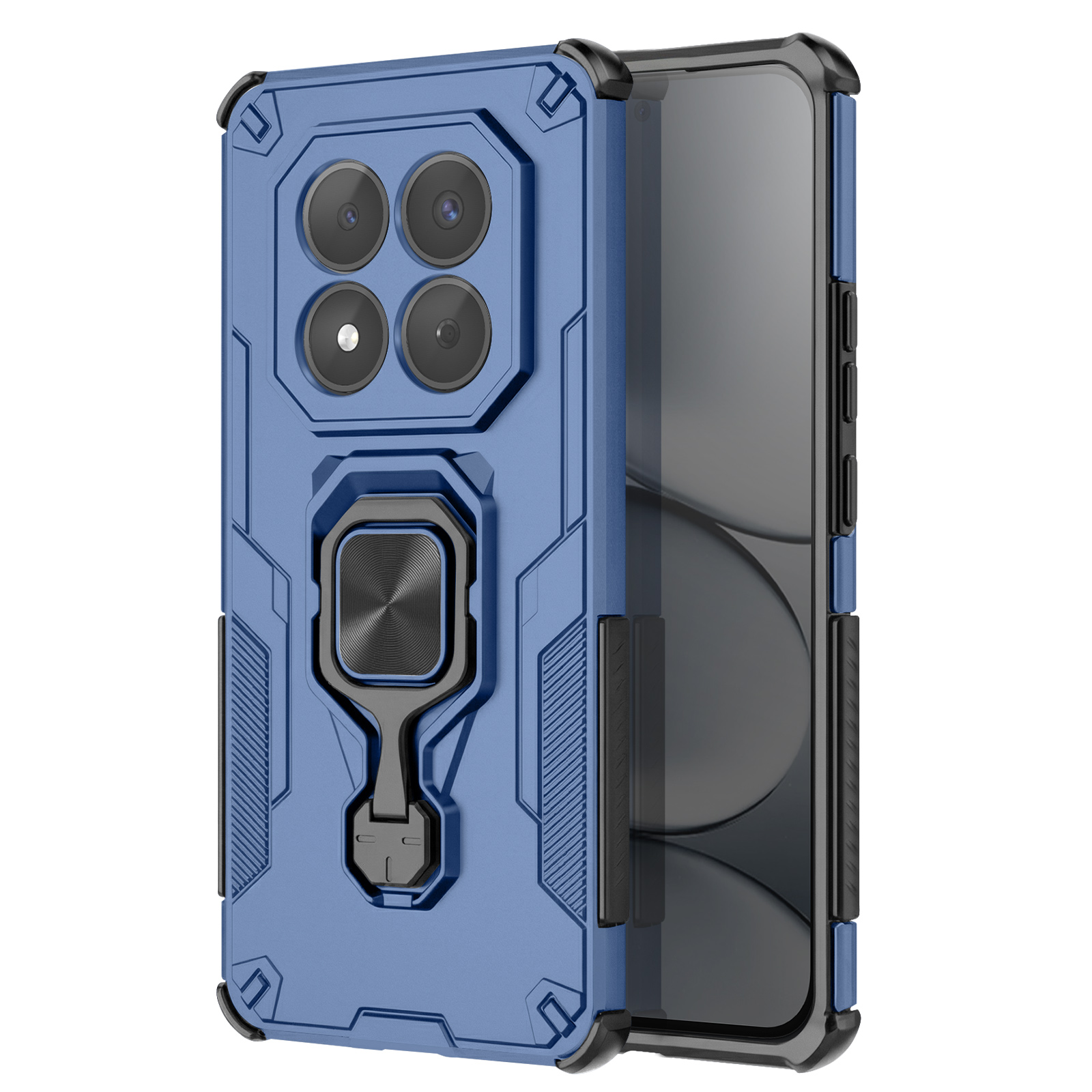 Une coque de téléphone bleue avec un appareil photo quadruple et un support anneau.