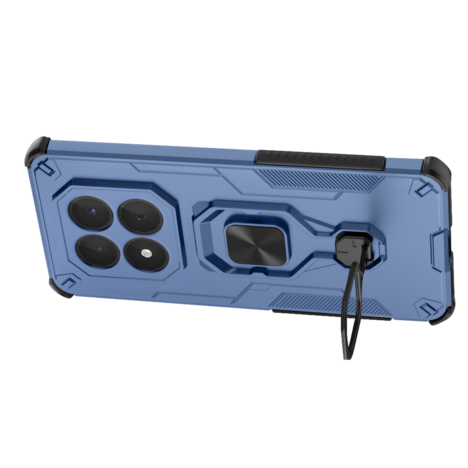 Coque de téléphone bleue avec quatre caméras, support bague, fond blanc.