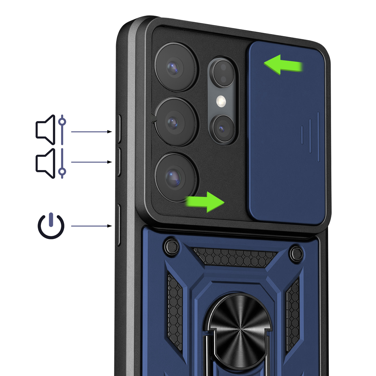 Custodia blu scuro per telefono con copri-fotocamera e anello.
