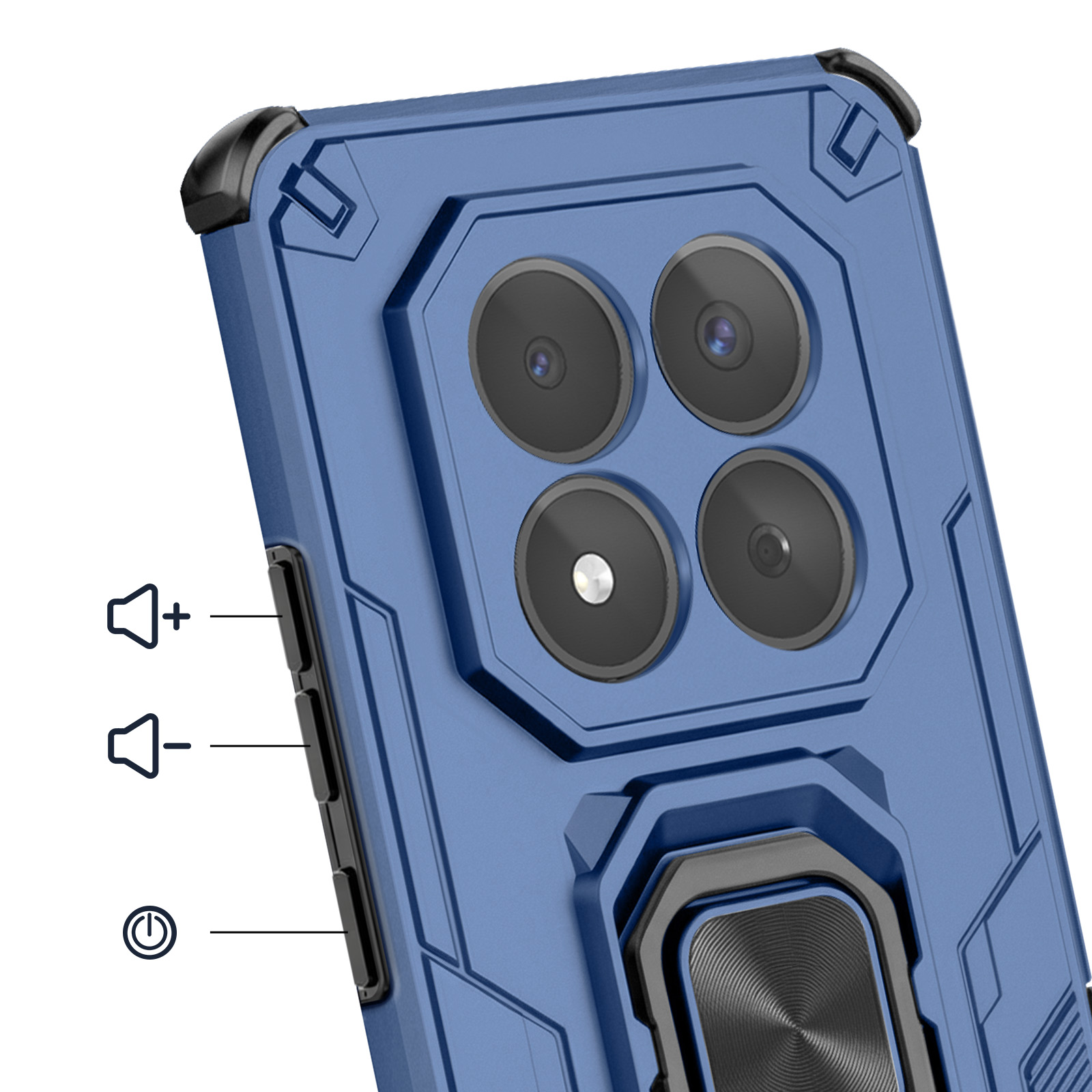 Coque de téléphone bleue avec quatre caméras et un support bague.