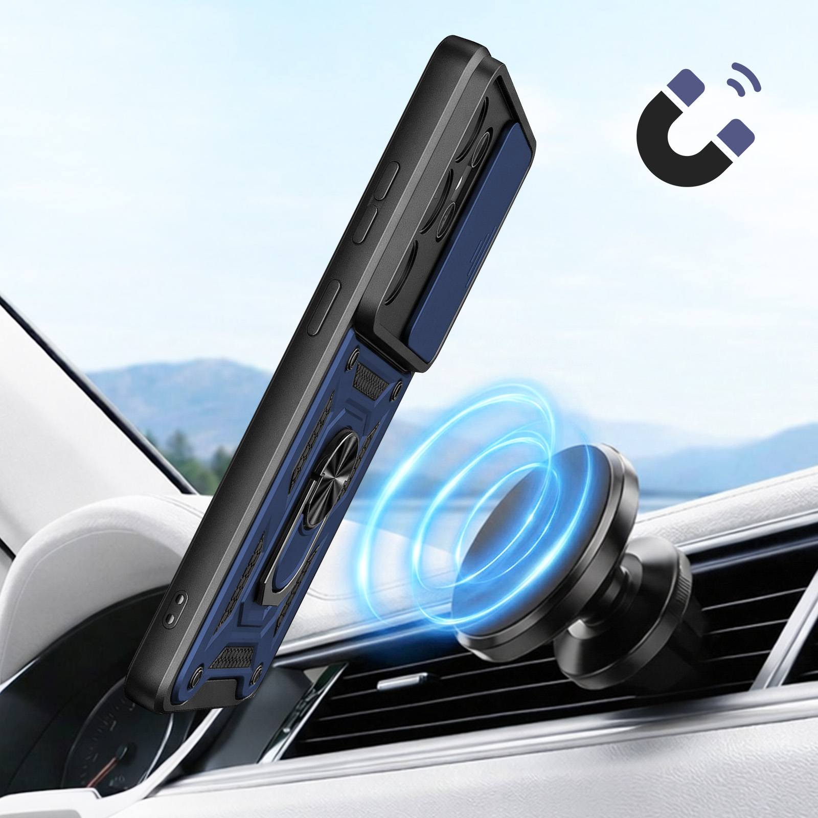 Custodia nera per telefono con inserto blu, anello porta anello e magnete su bocchetta auto.