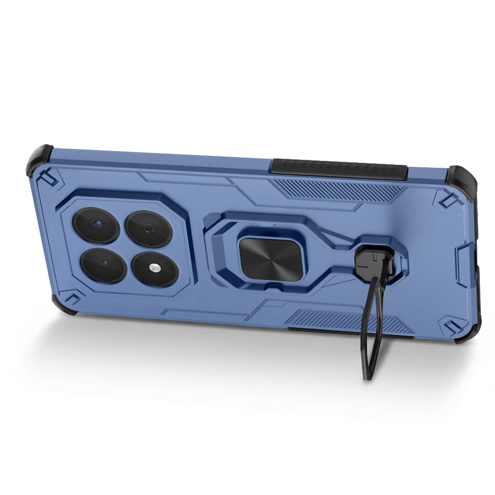 Coque de téléphone bleue avec quatre caméras, support anneau et lanière.