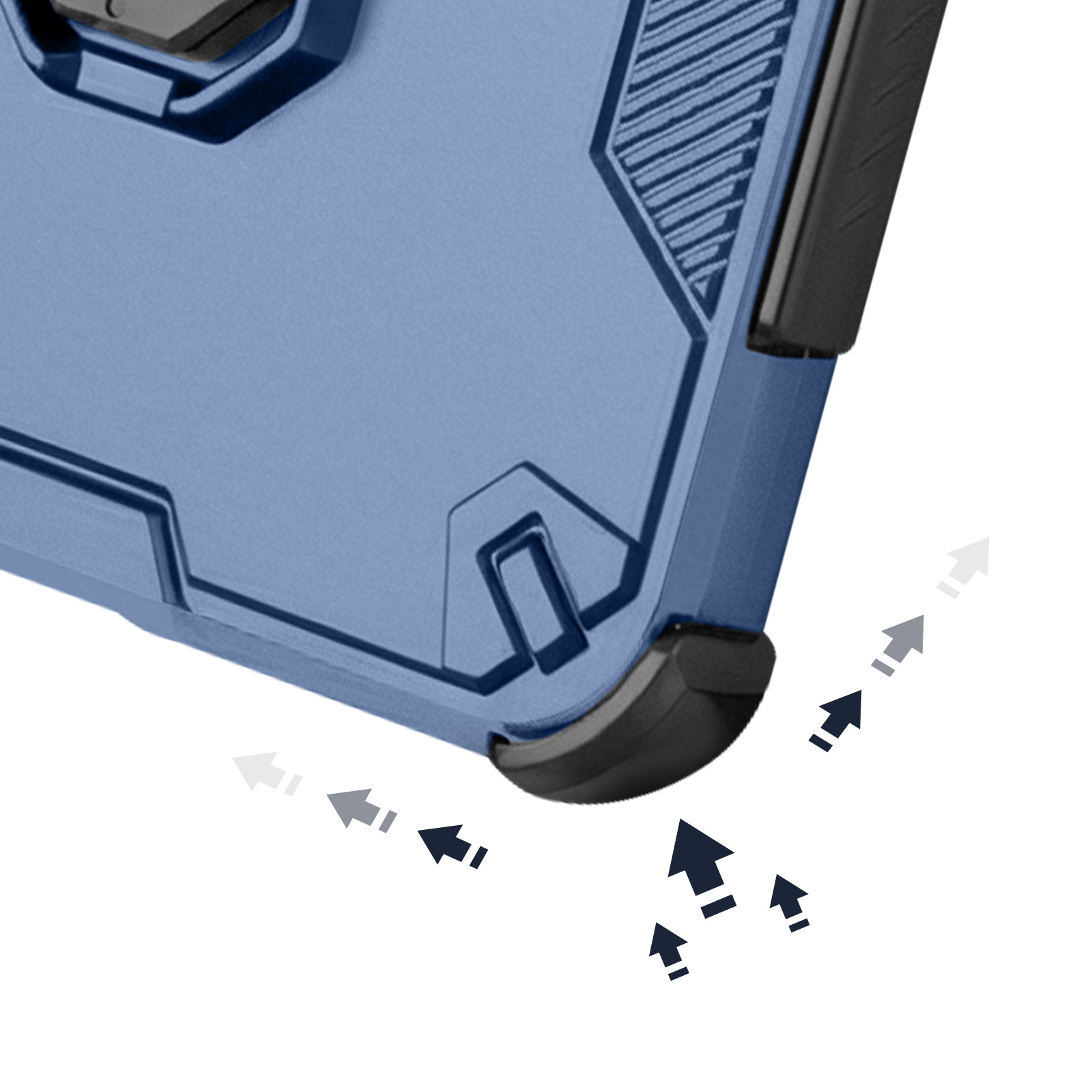 Coque de téléphone bleue avec accents noirs et icônes fléchées.