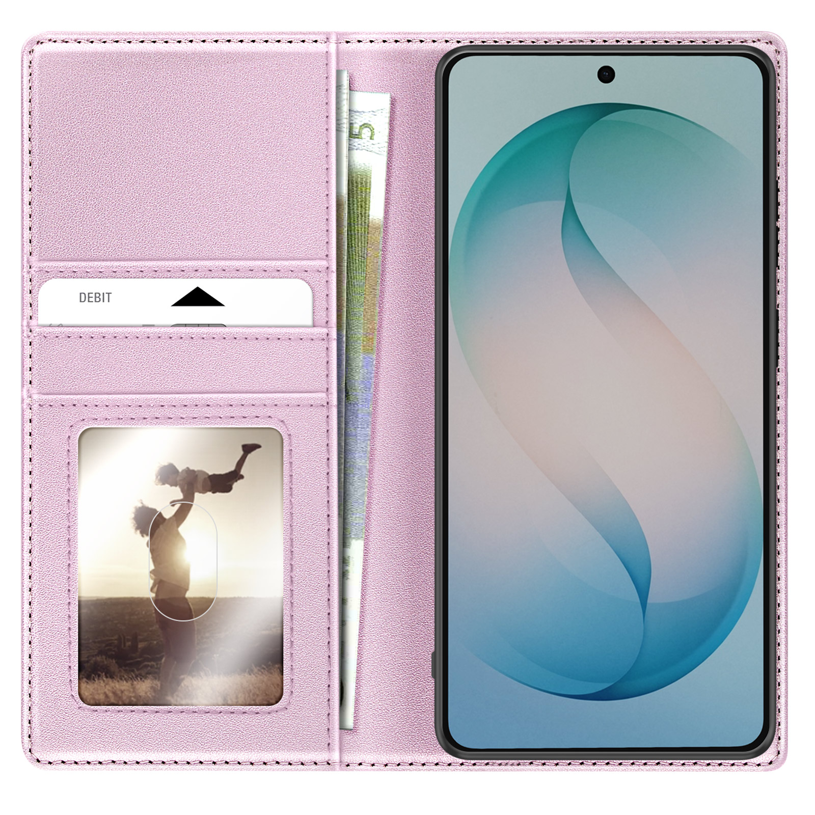 Un étui de téléphone rose avec des fentes pour cartes, de l'argent et une photo. Le téléphone est inséré.