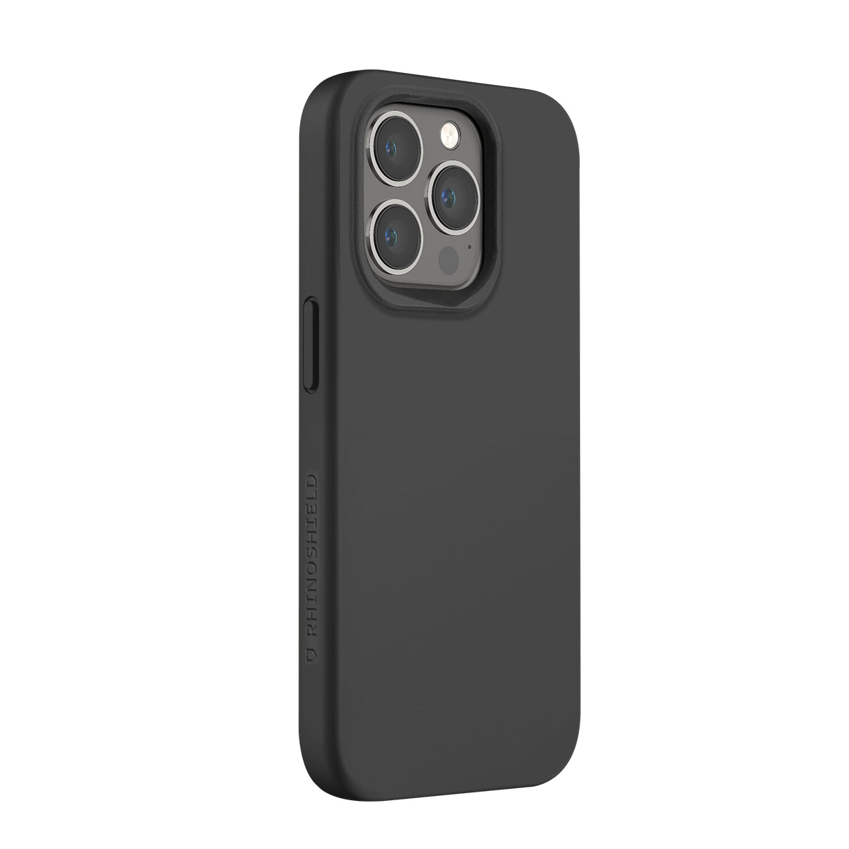 Custodia nera per telefono con triplo ritaglio fotocamera e logo laterale.