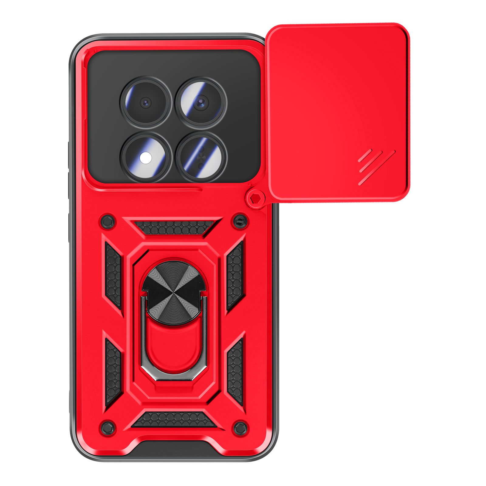 Rode telefoonhoes met vierdubbele camera-uitsparing en ringhouder.