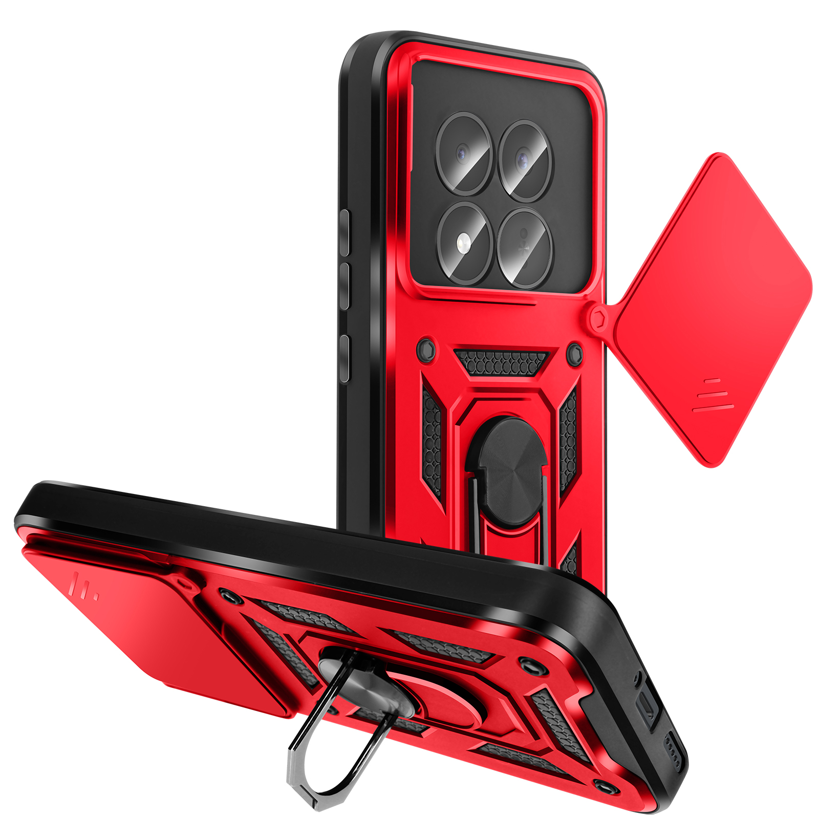 Rode en zwarte telefoonhoes met vier camera's en standaard.