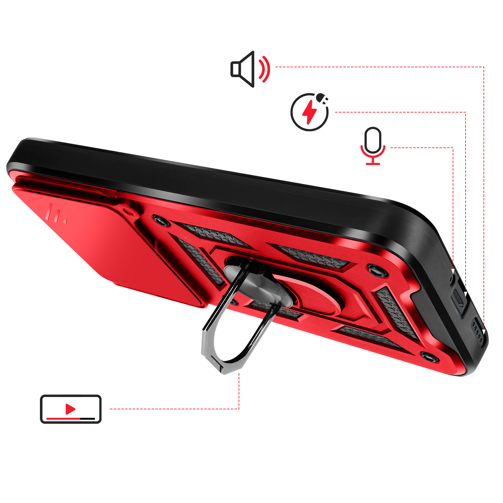 Rode telefoonhoes met ringhouder en iconen voor geluid, opladen, microfoon, video.