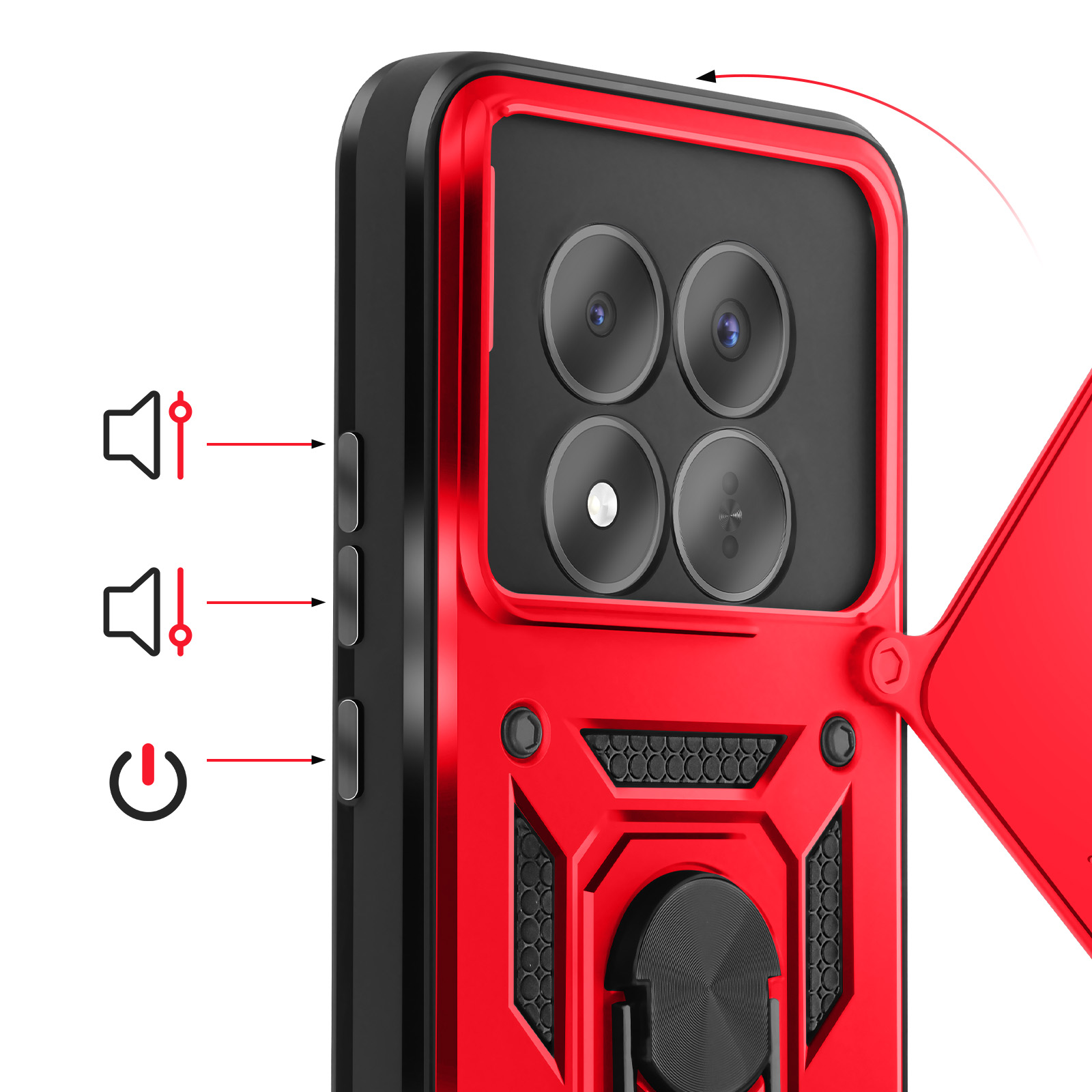 Rode telefoonhoes met camera-array, knoppen en standaard. Iconen geven volume/aan/uit aan.