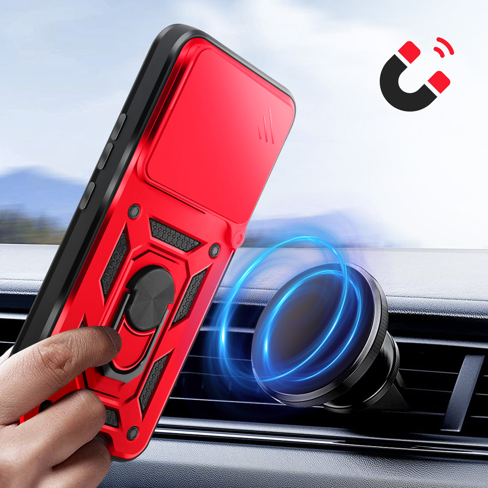 Rode telefoonhoes met ringhouder op auto-air vent en magneet.