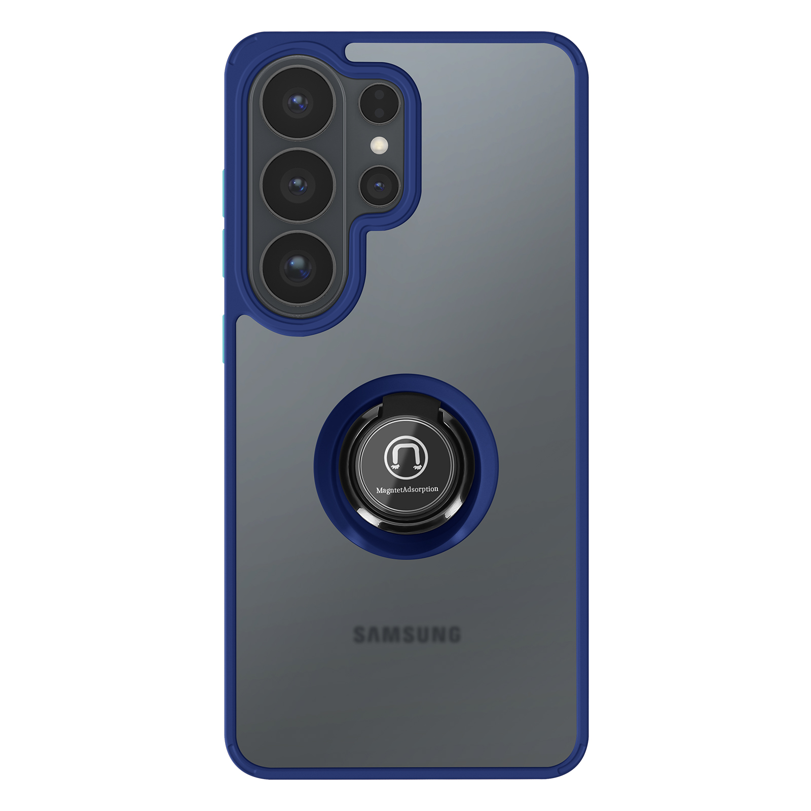 Een donkergrijze telefoonhoes met blauwe rand en ringhouder.