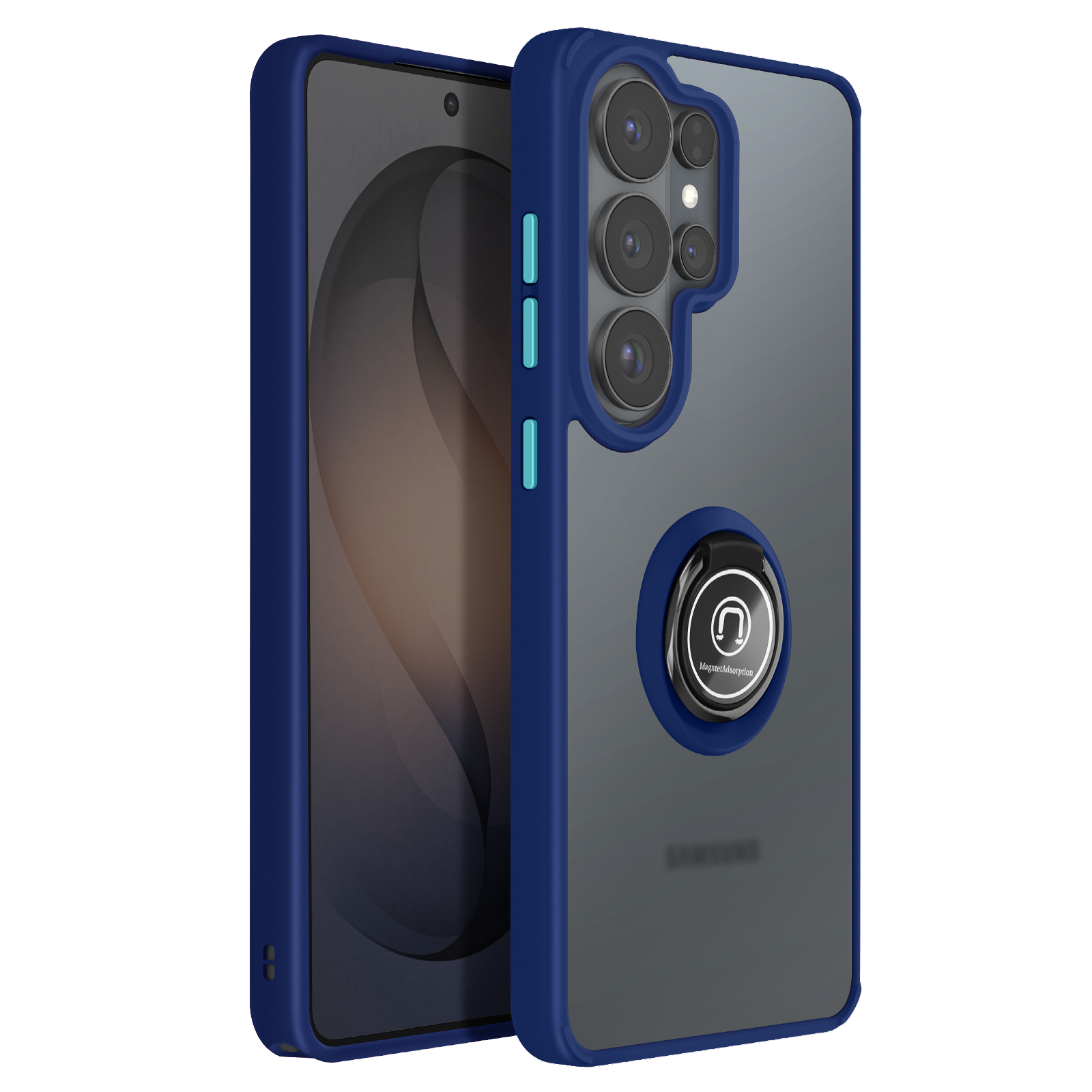 Donkerblauw telefoonhoesje met doorzichtig achterpaneel, ringhouder en vier camera's.