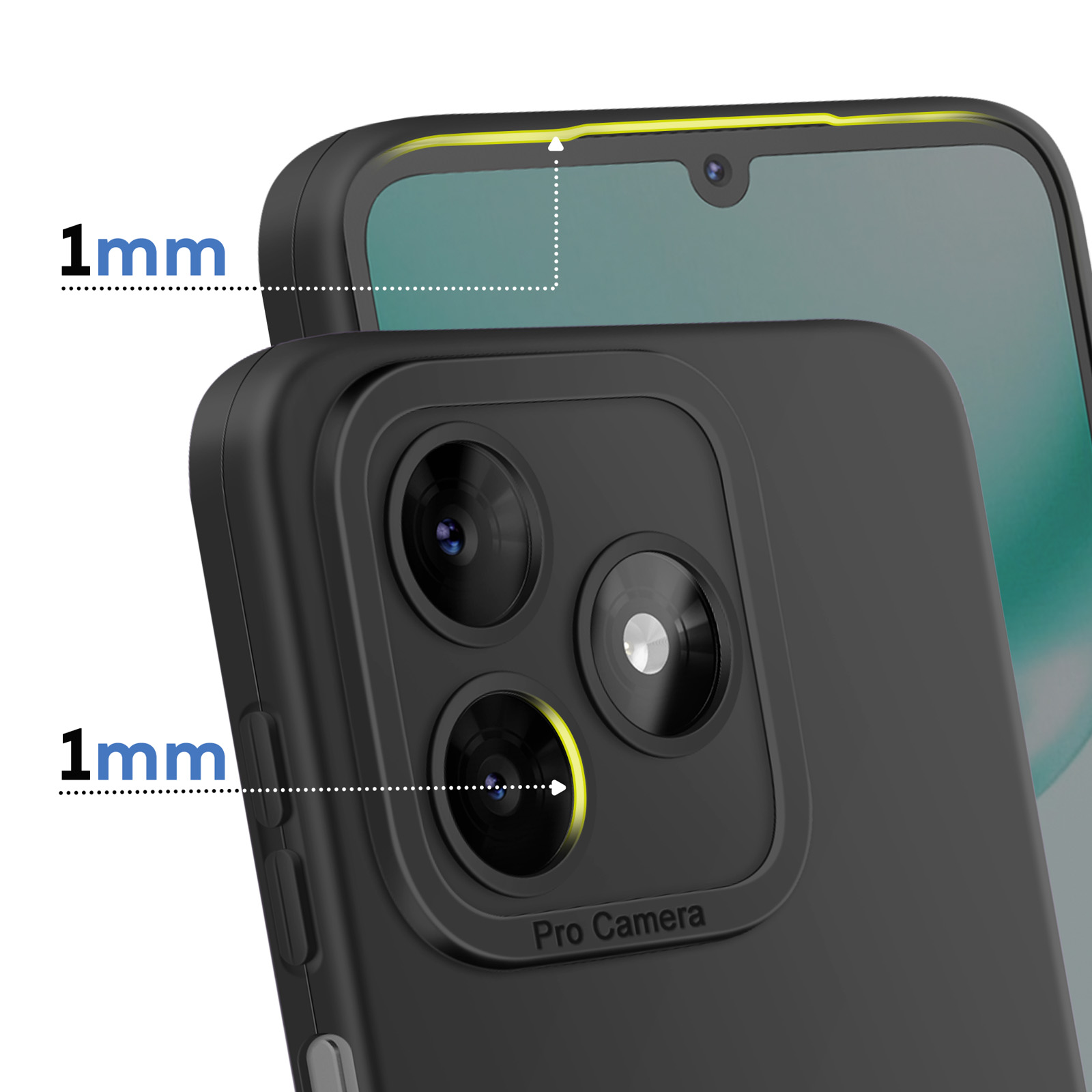 Close-up van een zwart telefoonhoesje met verhoogde randen rond camera's en scherm.