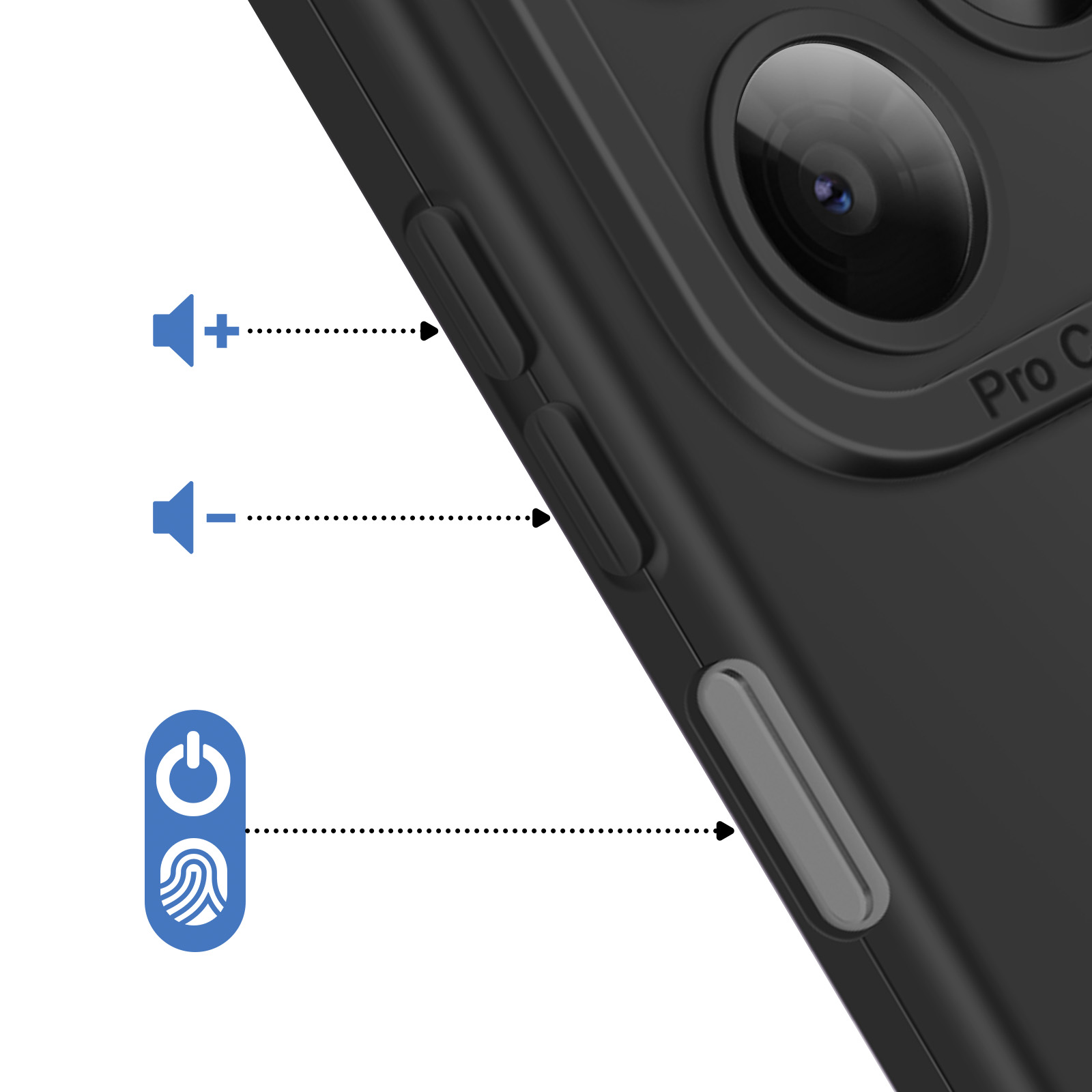 Zwarte telefoonhoes met volume- en aan/uitknoppen.