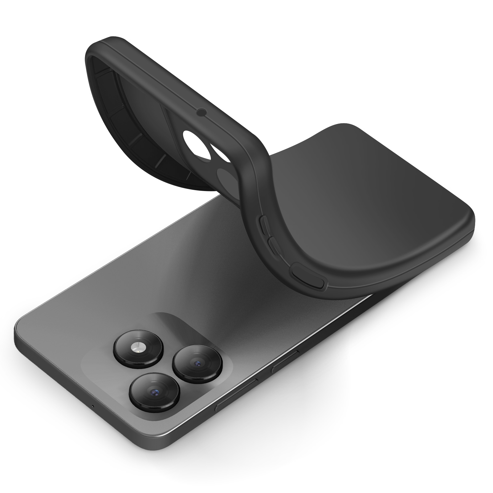 Een zwarte smartphone met drie cameralenzen, deels bedekt door een flexibele hoes.