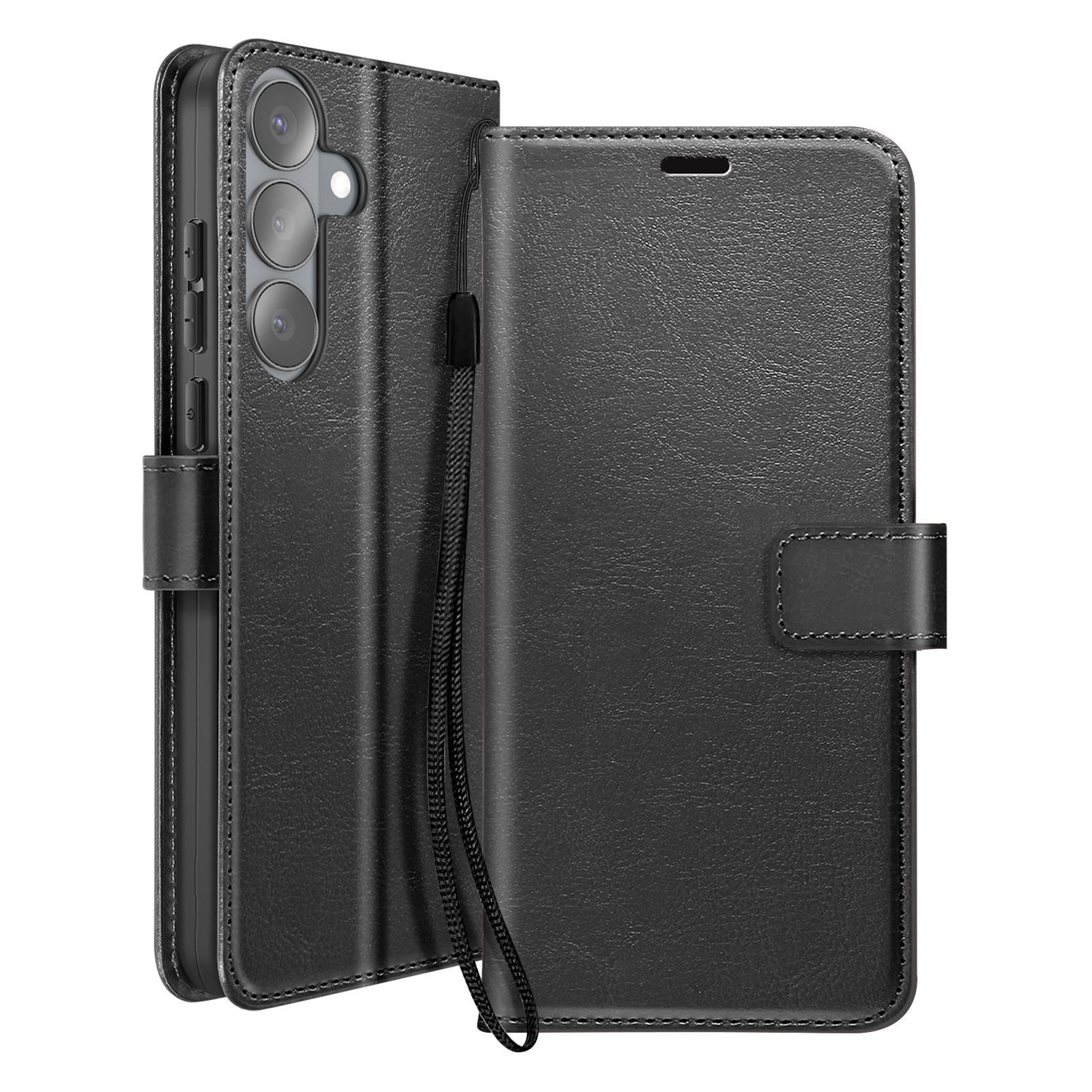 Zwarte leren flip telefoonhoes met gesp en koord. Camera's zichtbaar.