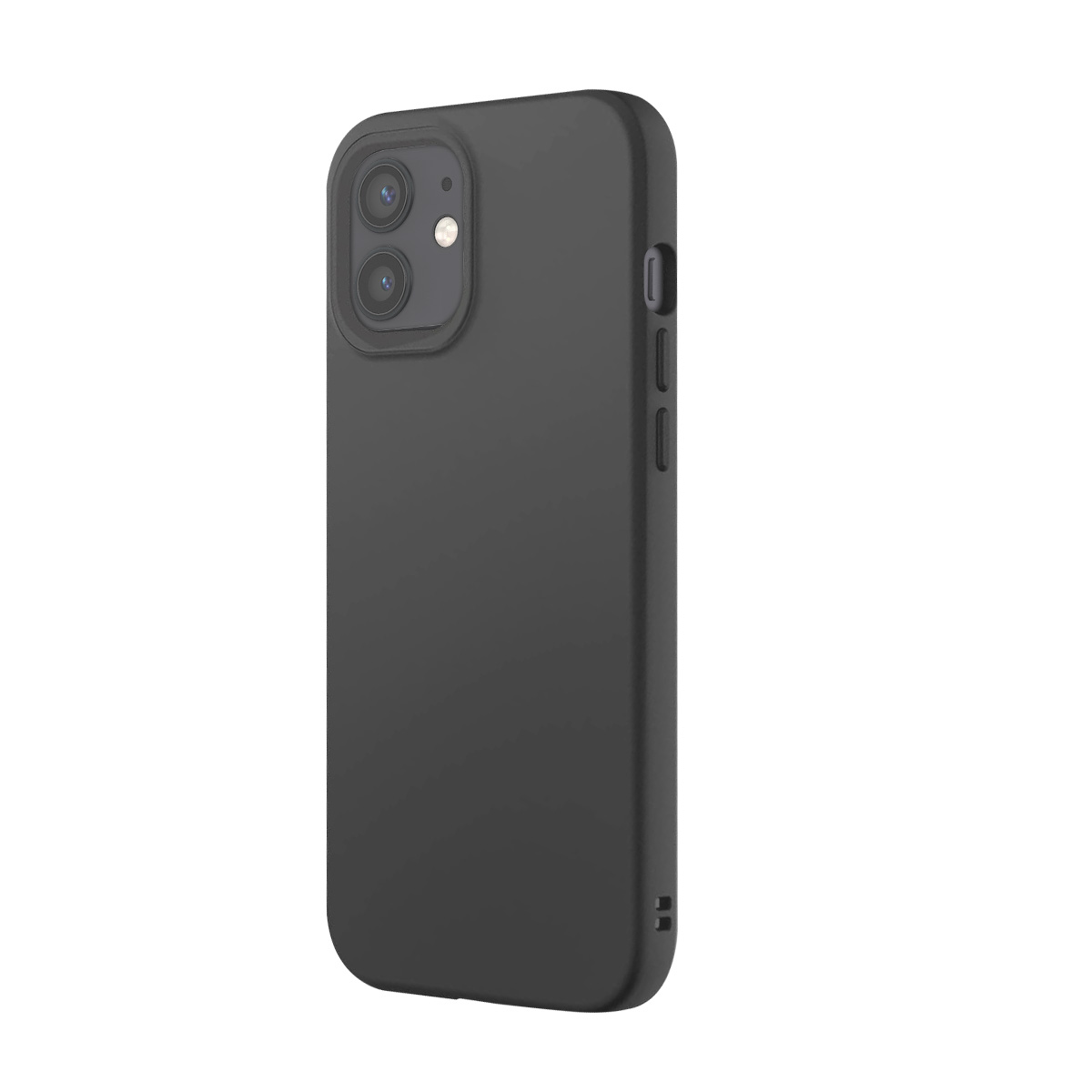 Zwarte telefoonhoes met dubbele camera-uitsparing en zijknopjes.