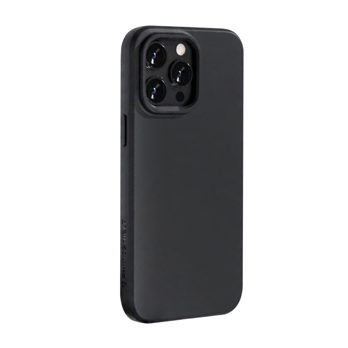 Zwarte telefoonhoes met drie cameralenzen en flitser op witte achtergrond.