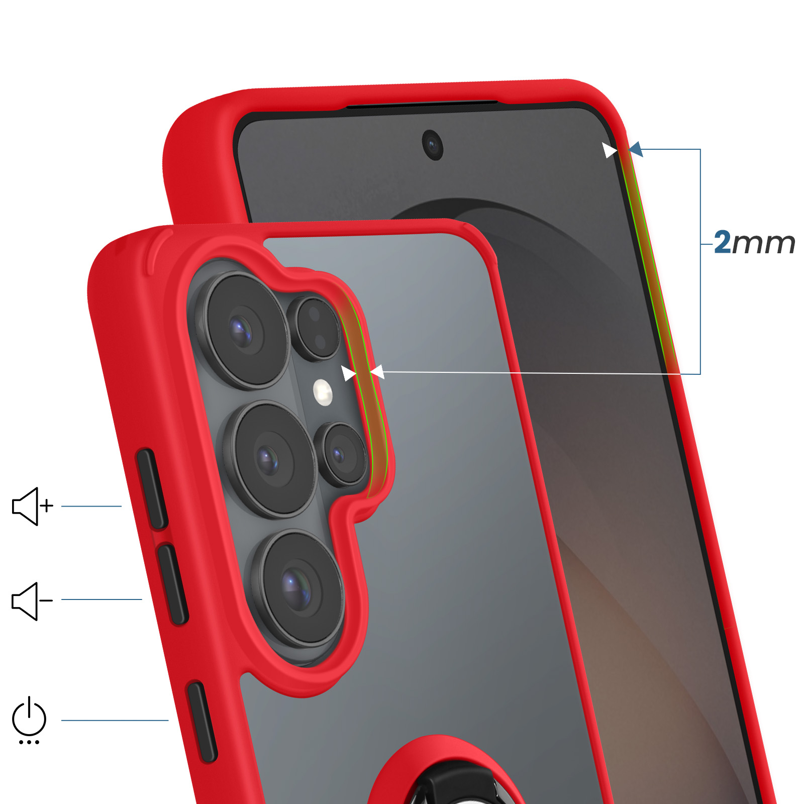Een rode smartphone met transparante achterkant en 2 mm verhoogde rand.