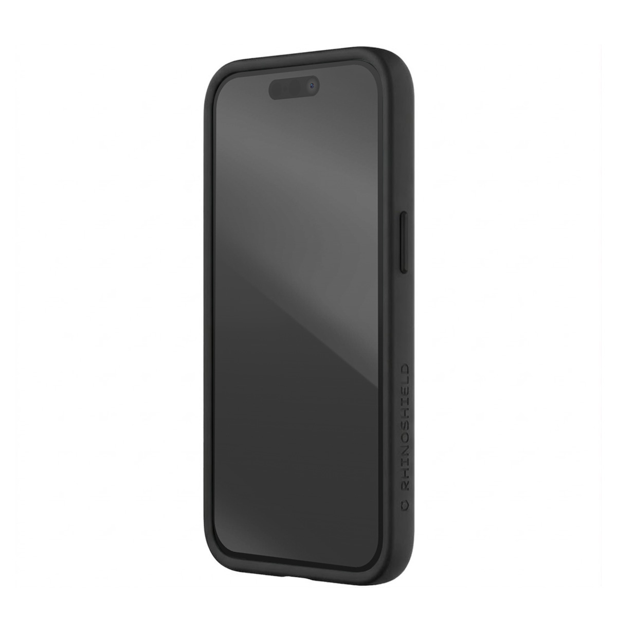 Smartphone nero in custodia protettiva nera, con logo RHINOSHIELD.