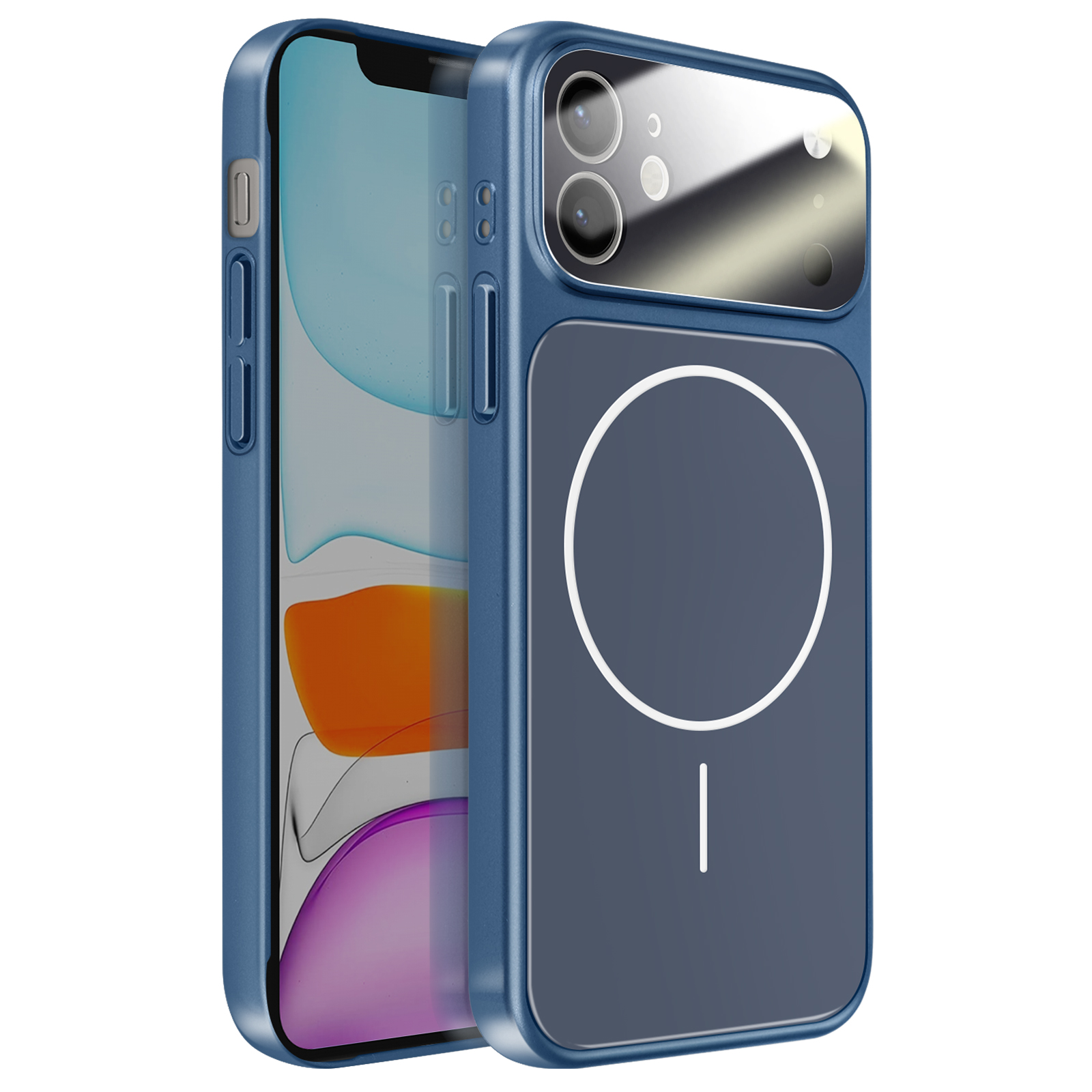 Une coque de téléphone bleue avec un cercle MagSafe et une découpe caméra.
