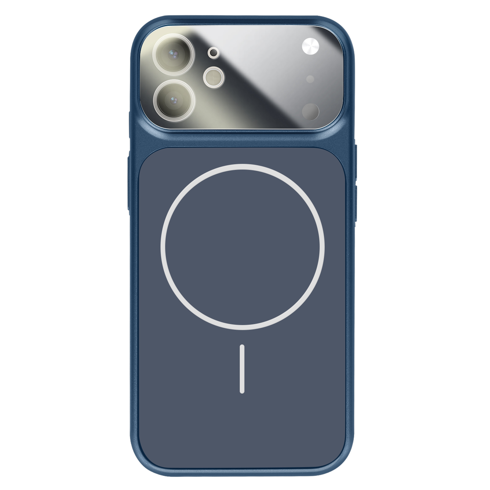 Coque de téléphone bleu foncé avec unité caméra argentée et symbole cercle/ligne blanc.