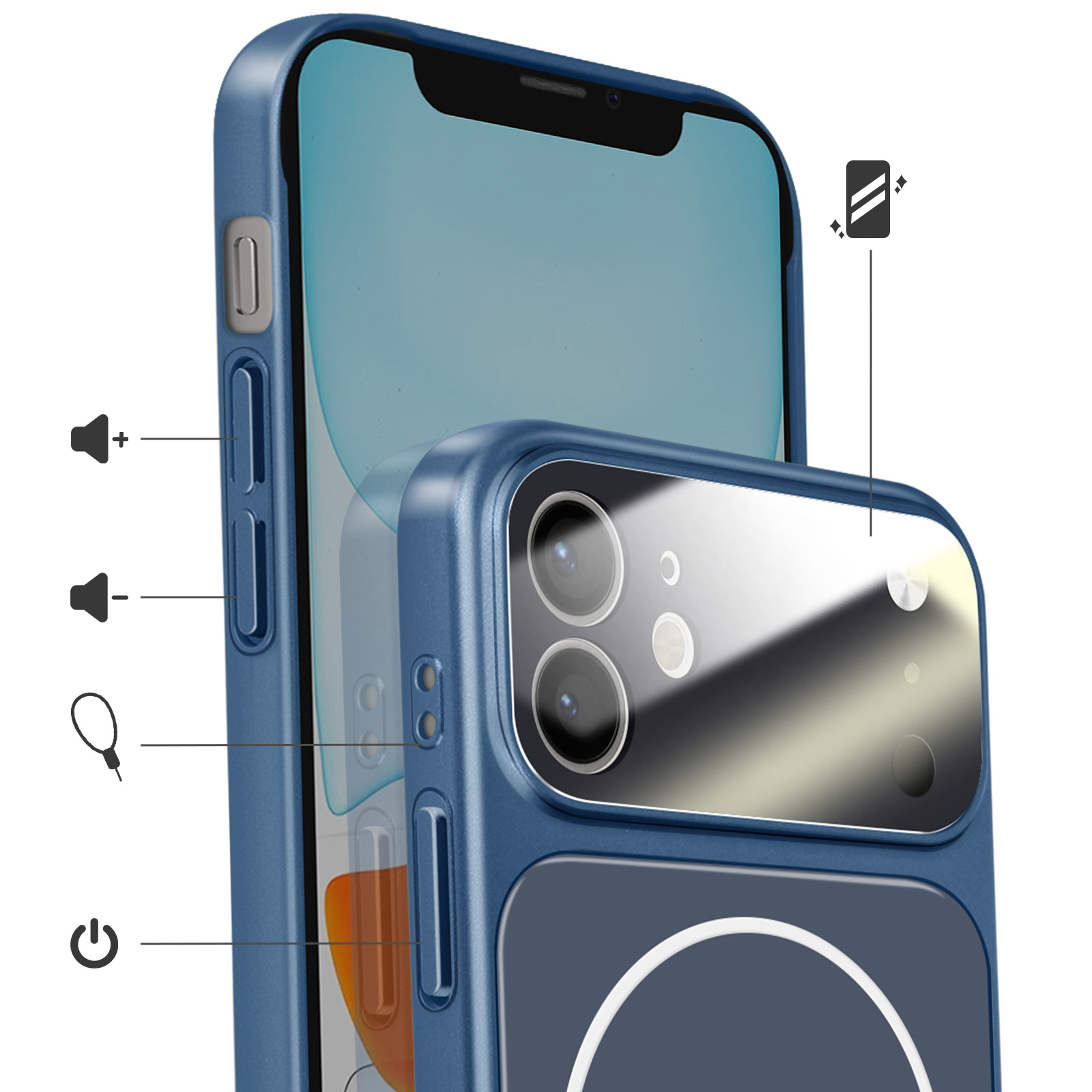 Coque de téléphone bleue montrant des objectifs de caméra et des boutons mis en évidence.