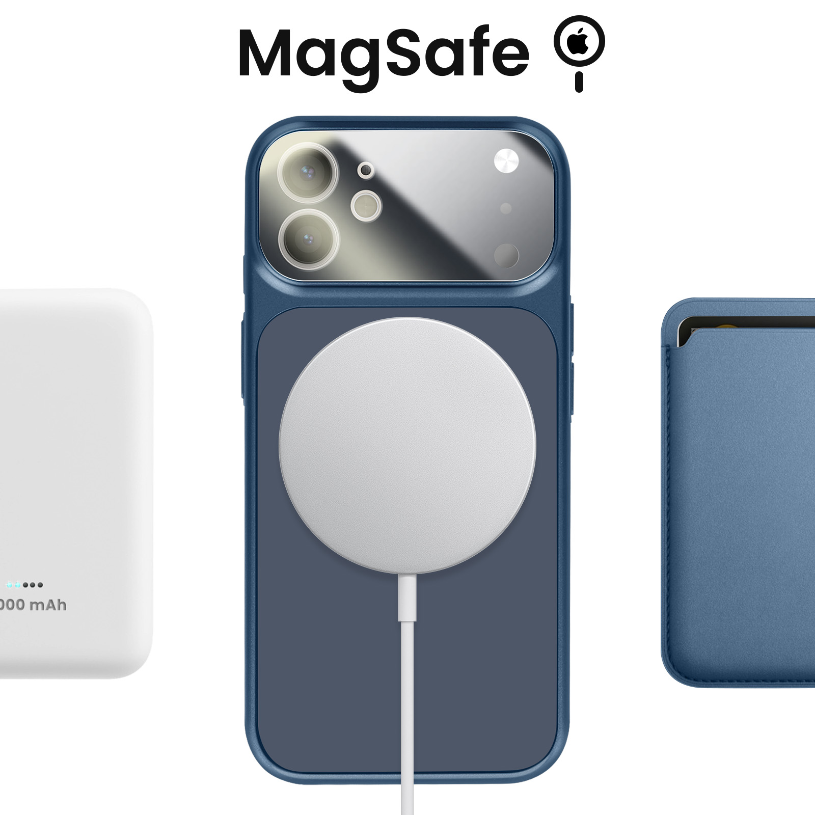 iPhone avec chargeur MagSafe, batterie externe et porte-cartes. Texte : MagSafe Apple.