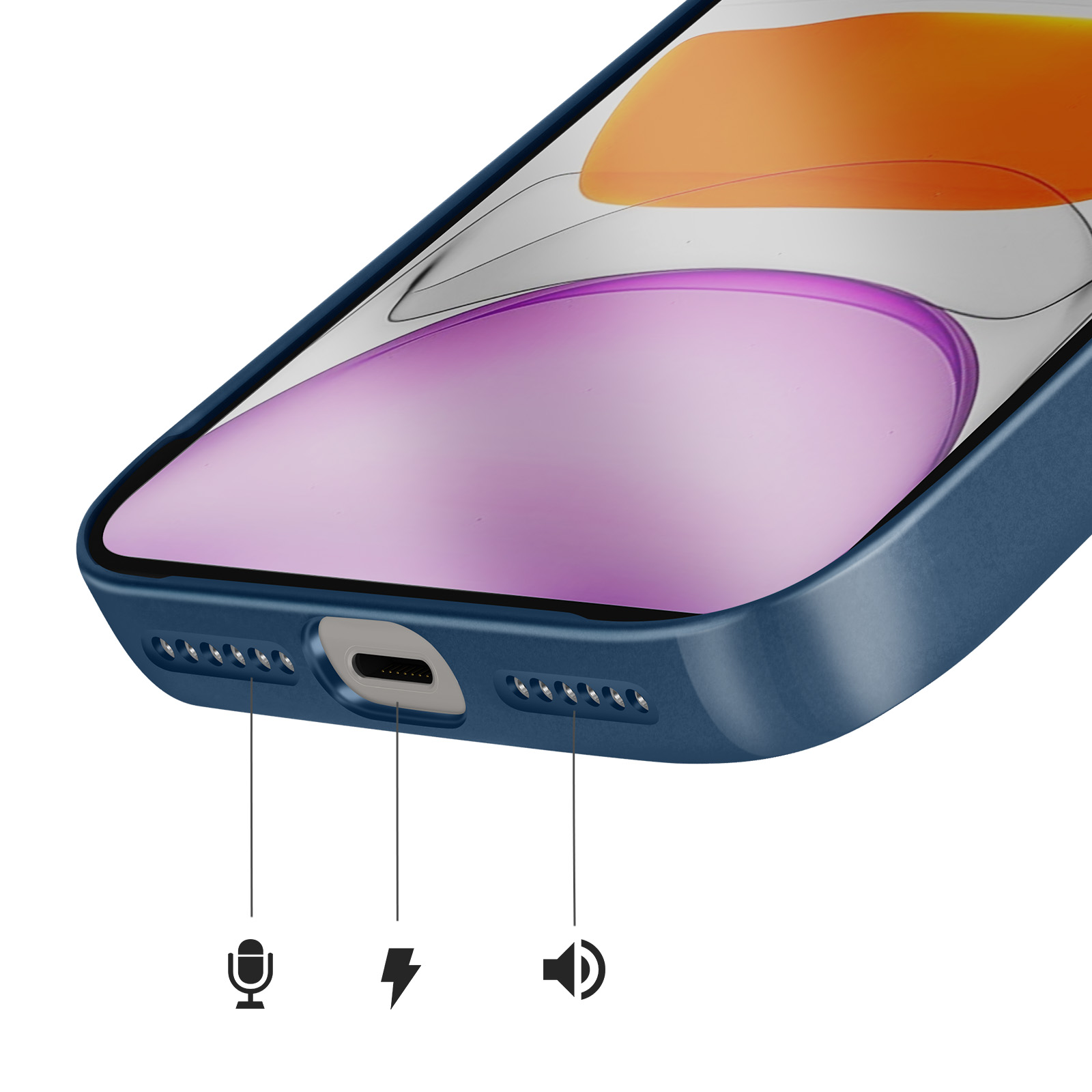 Coque de téléphone bleue montrant port de chargement, grilles de haut-parleur, icônes micro et volume.