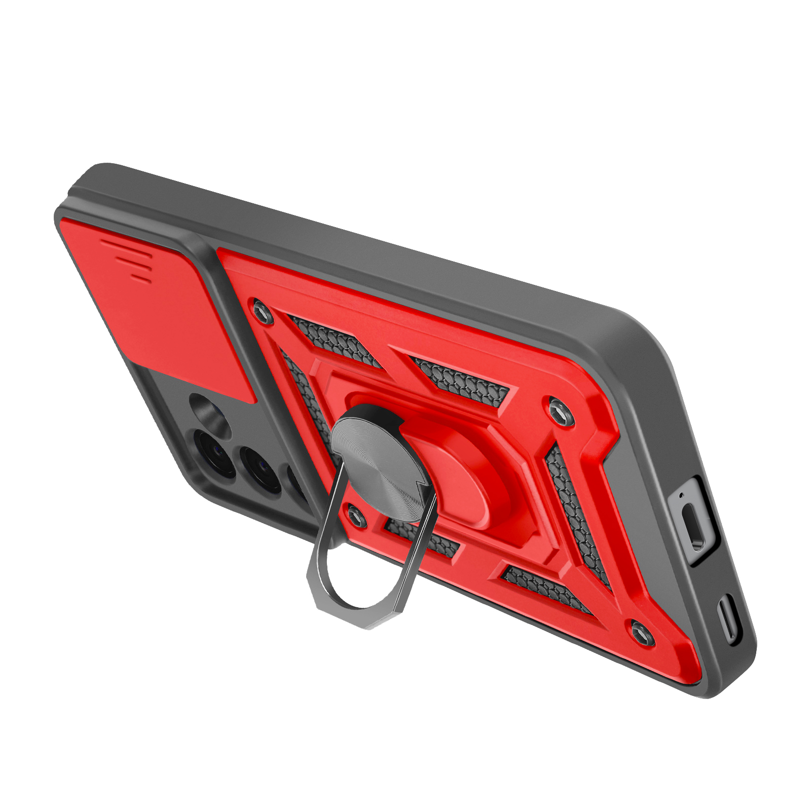 Rood en zwart telefoonhoesje met ringhouder en cameralensbescherming.