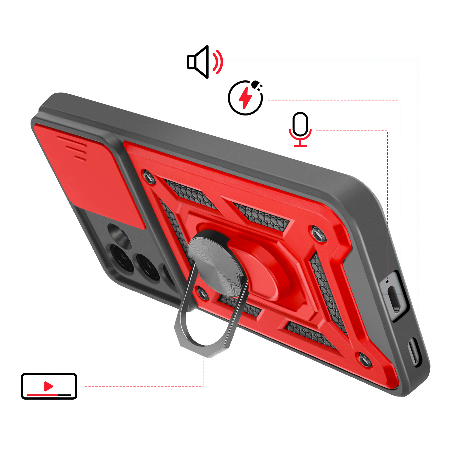 Rood met zwarte telefoonhoes met ringhouder en iconen voor luidspreker, flits en microfoon.
