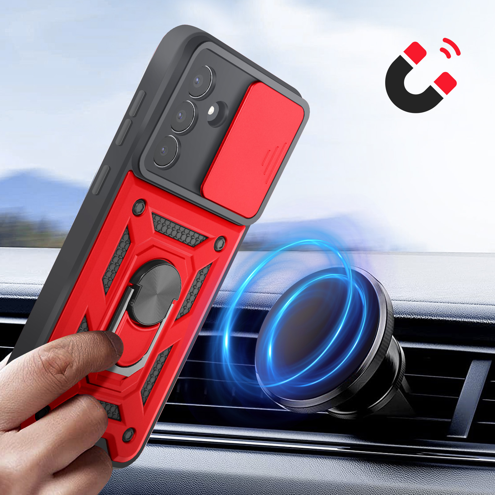 Rode telefoonhoes met ringhouder en magneet op auto-ventilatieopening.