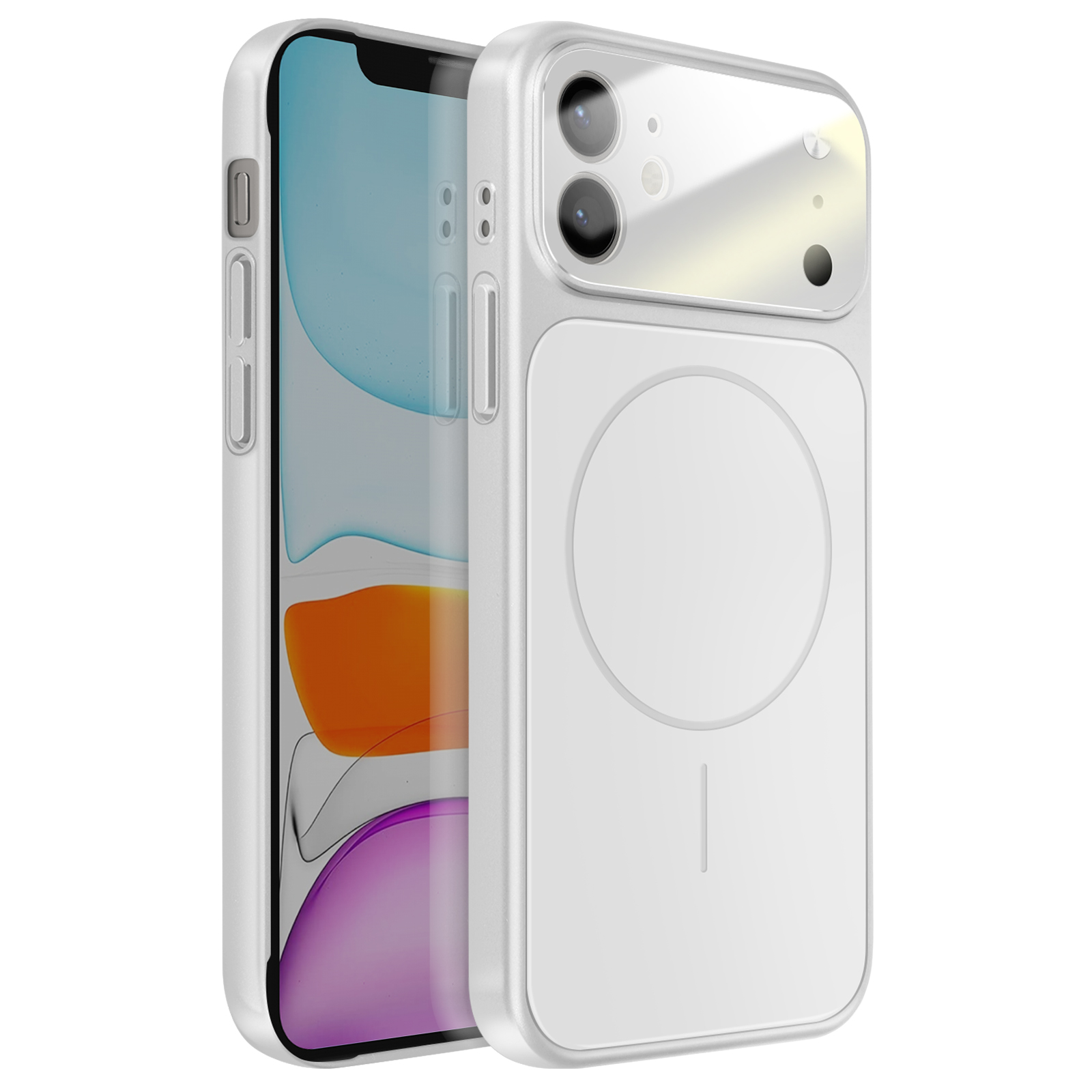 Un iPhone blanc dans un étui transparent avec deux caméras.