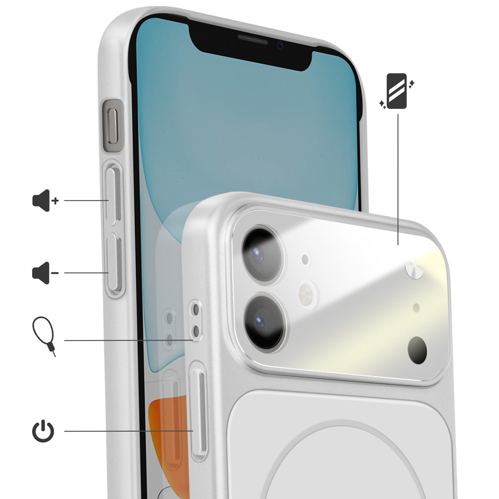 Un smartphone blanc avec des caméras et des étiquettes pour le volume, l'alimentation et le flash.