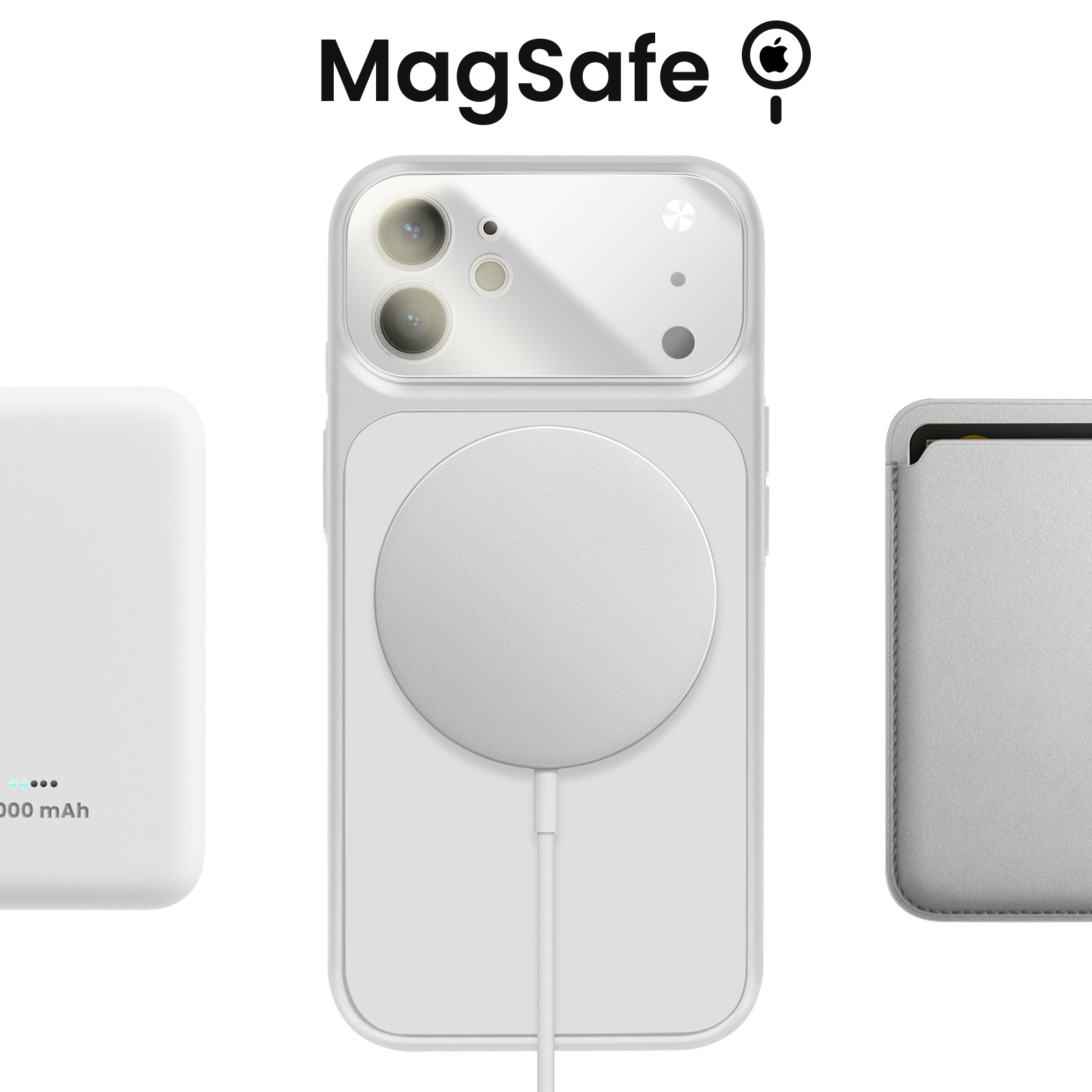 Coque MagSafe blanche avec iPhone, batterie externe et porte-cartes.
