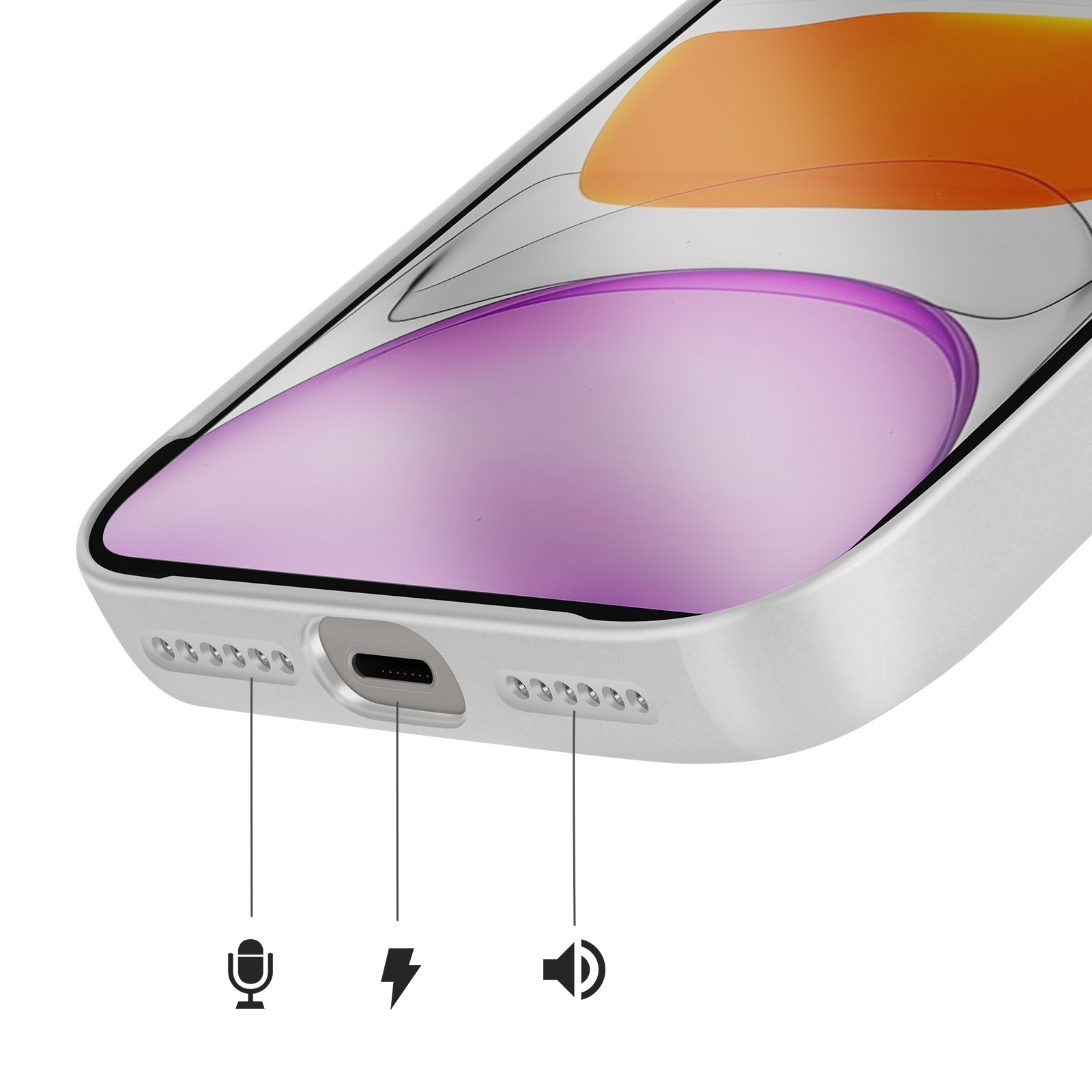 Une coque de téléphone blanche montrant le port de charge, les icônes de micro et de haut-parleur.