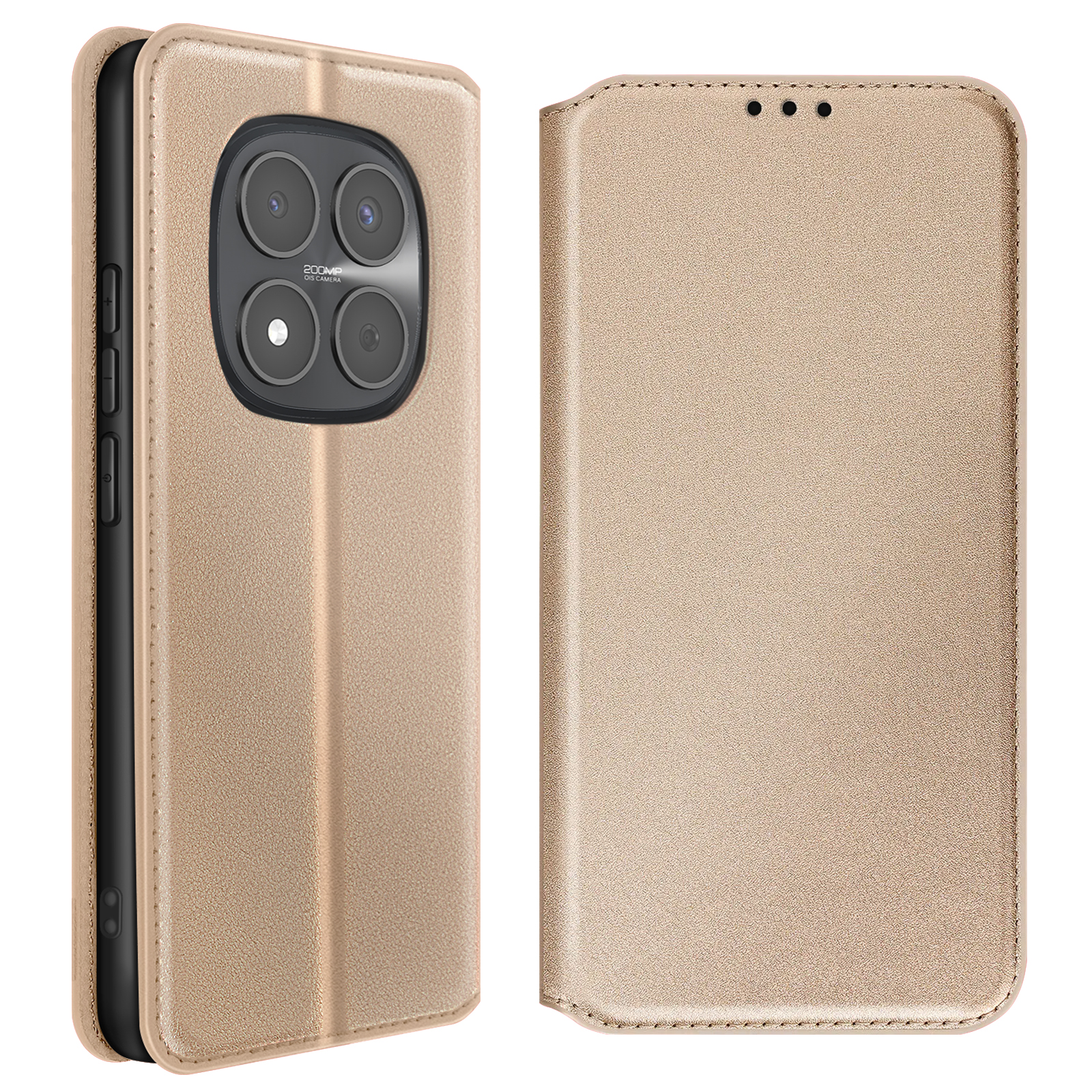 Custodia dorata per telefono con ritaglio fotocamera e pulsanti laterali.