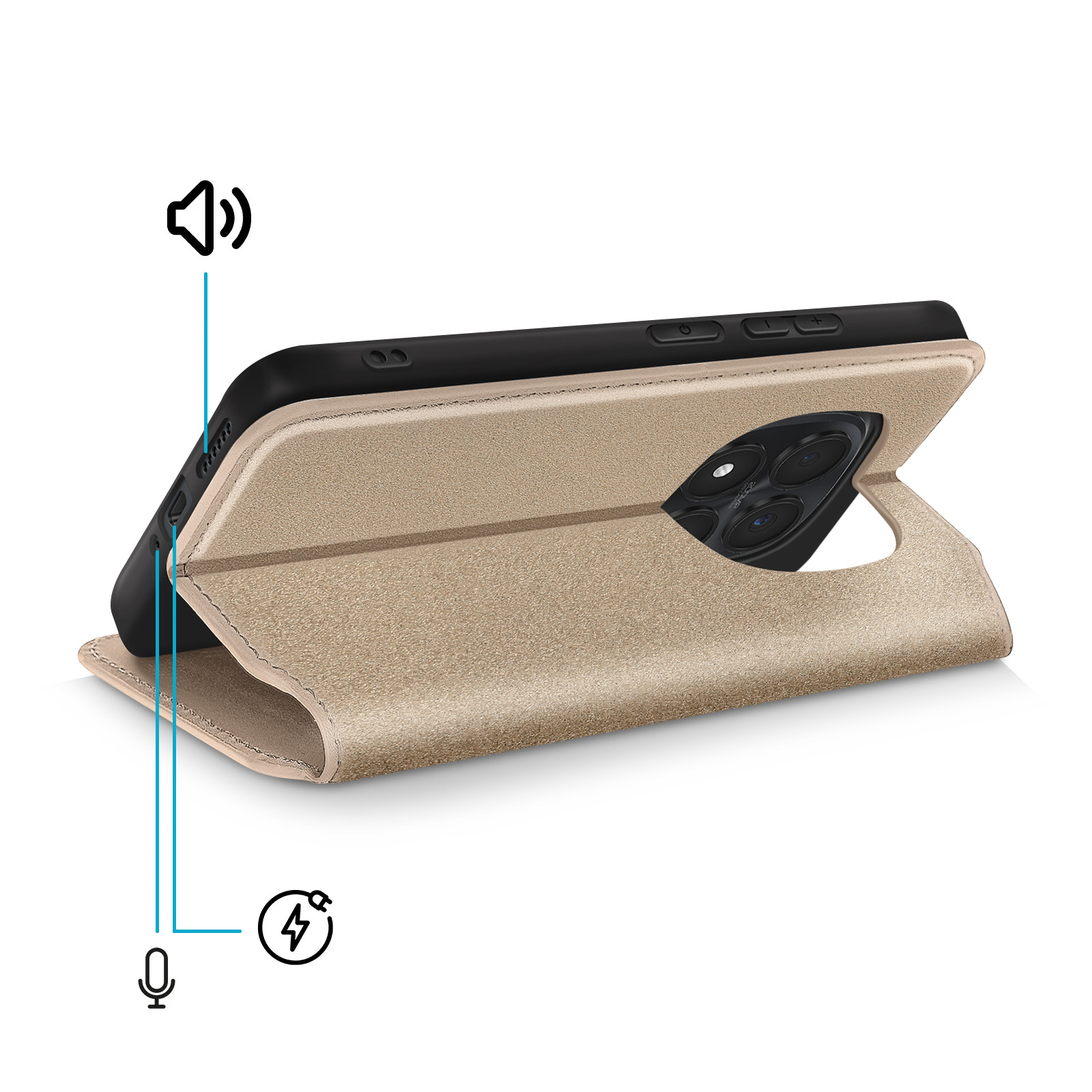 Una custodia per telefono beige aperta, che mostra altoparlante, microfono e porta di ricarica.
